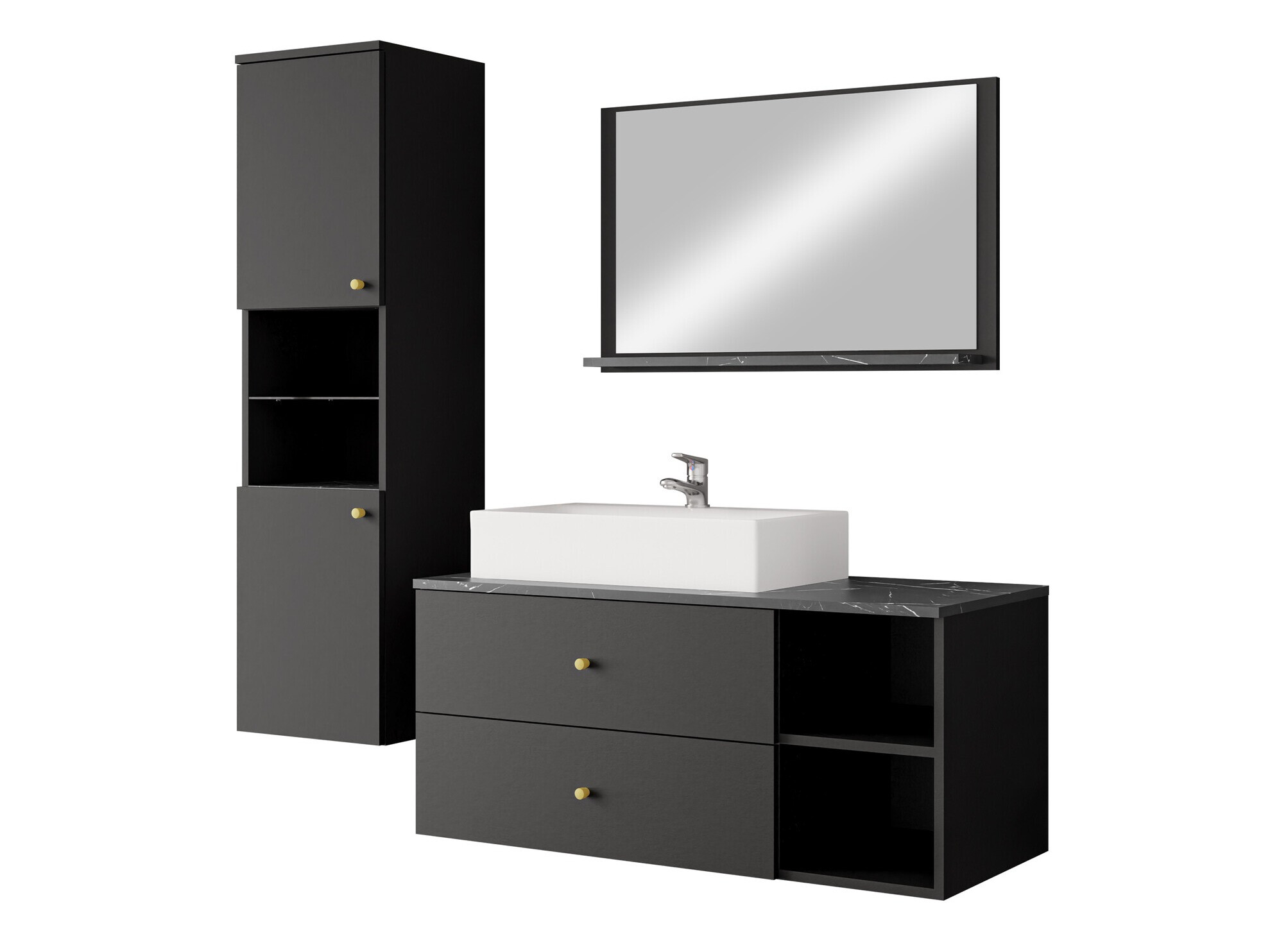 Badezimmer-Set Salus II (Schwarz + Schwarzer Marmor)