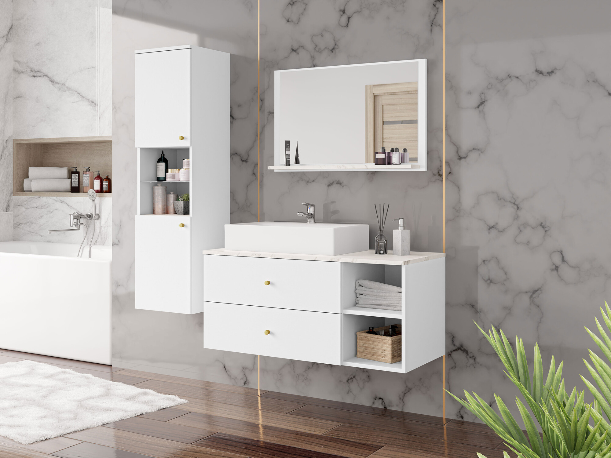 Badezimmer-Set Salus II (Weiß + Weißer Marmor)