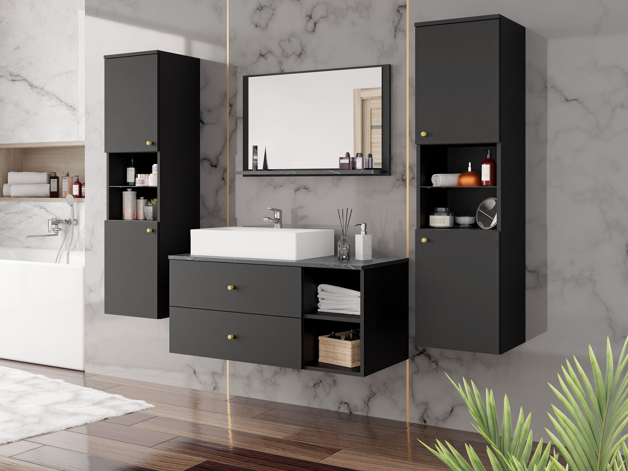 Badezimmer-Set Salus III (Schwarz + Schwarzer Marmor)