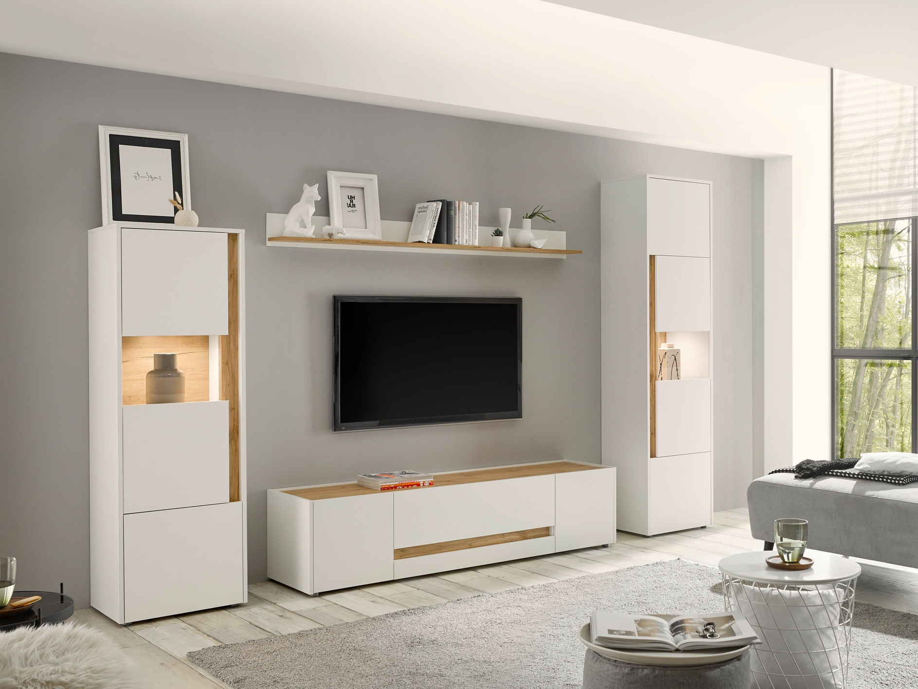 Wohnzimmer-Sets Elbsori 130 (Weiß + Wotan Eiche)