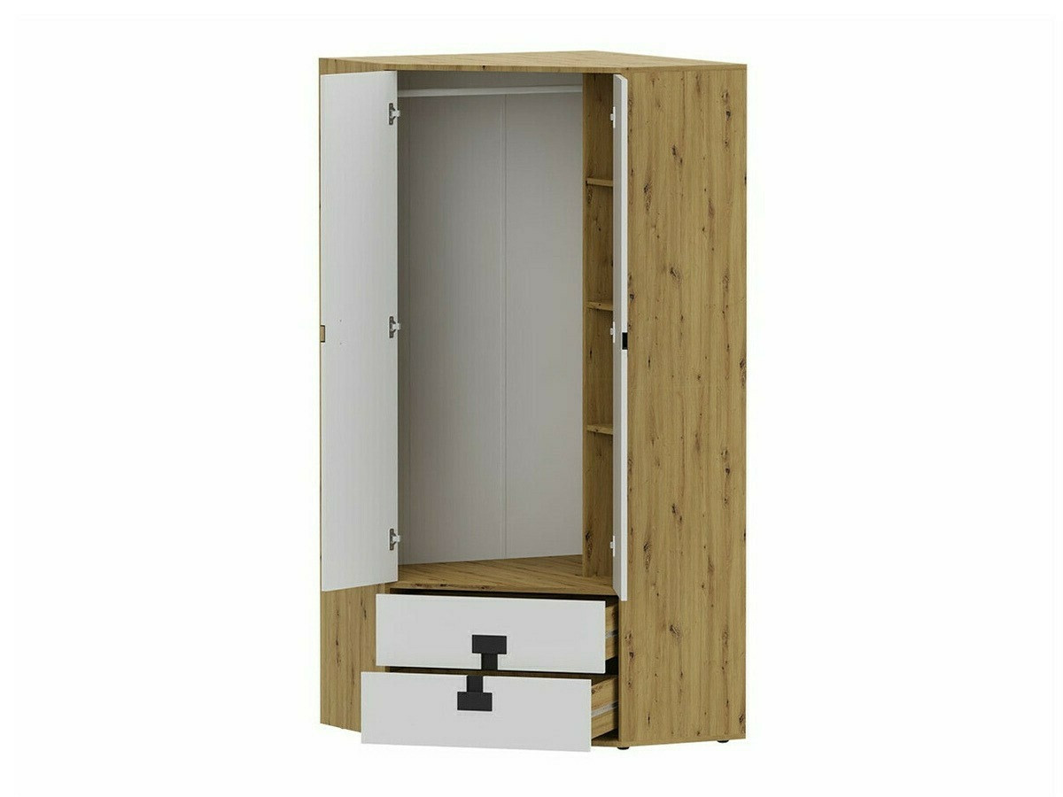 Eckkleiderschrank Florevi 114 (Weiß glänzend + Artisan Eichenholzoptik)