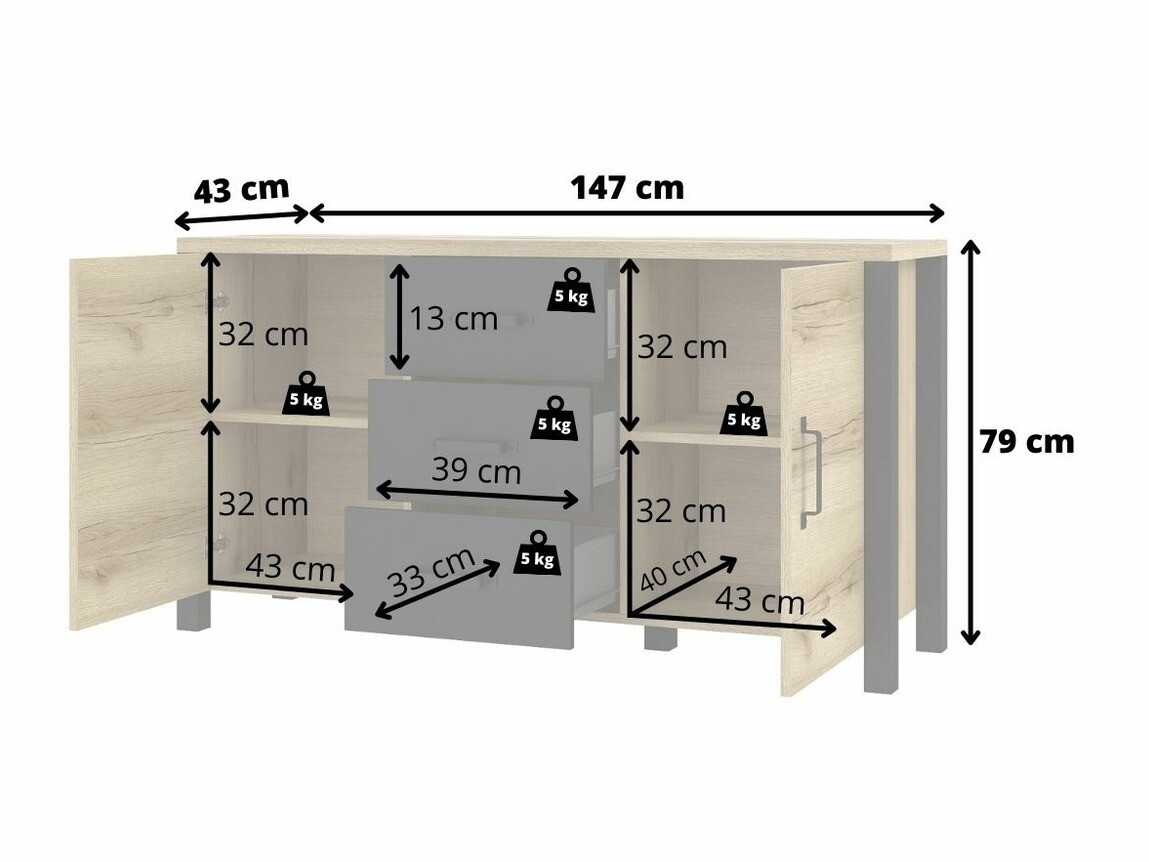 Kommoden Tornua 103 (Eichenholzoptik hell + Mattschwarz)