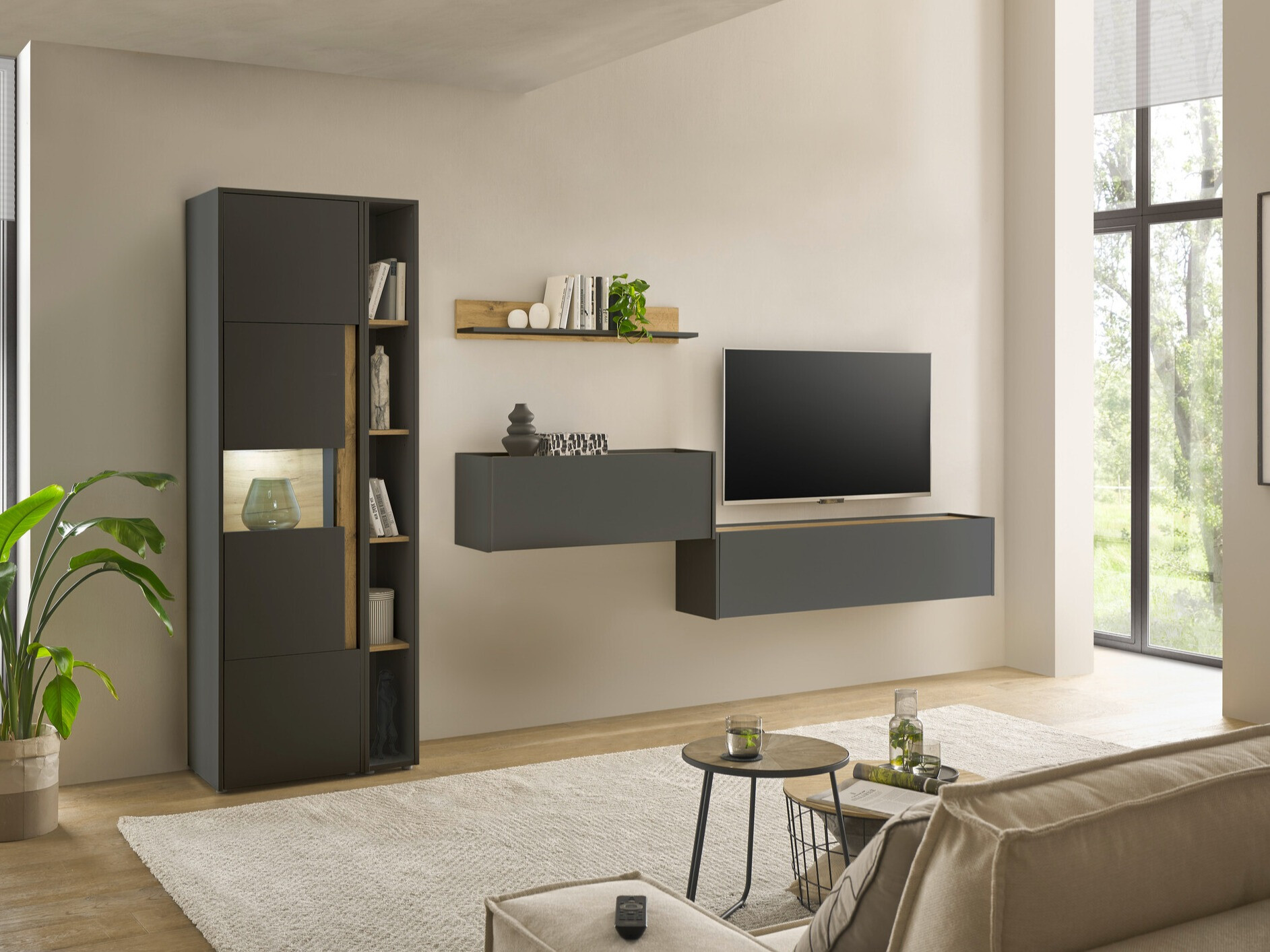 Wohnzimmer-Sets Elbsori 133 (Anthrazit + Wotan Eiche)