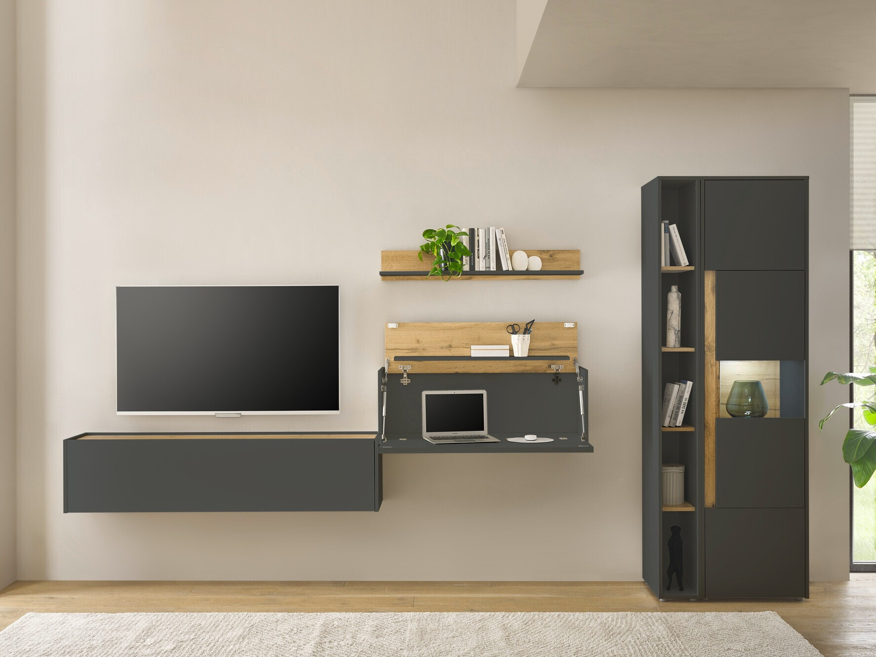 Wohnzimmer-Sets Elbsori 133 (Anthrazit + Wotan Eiche)