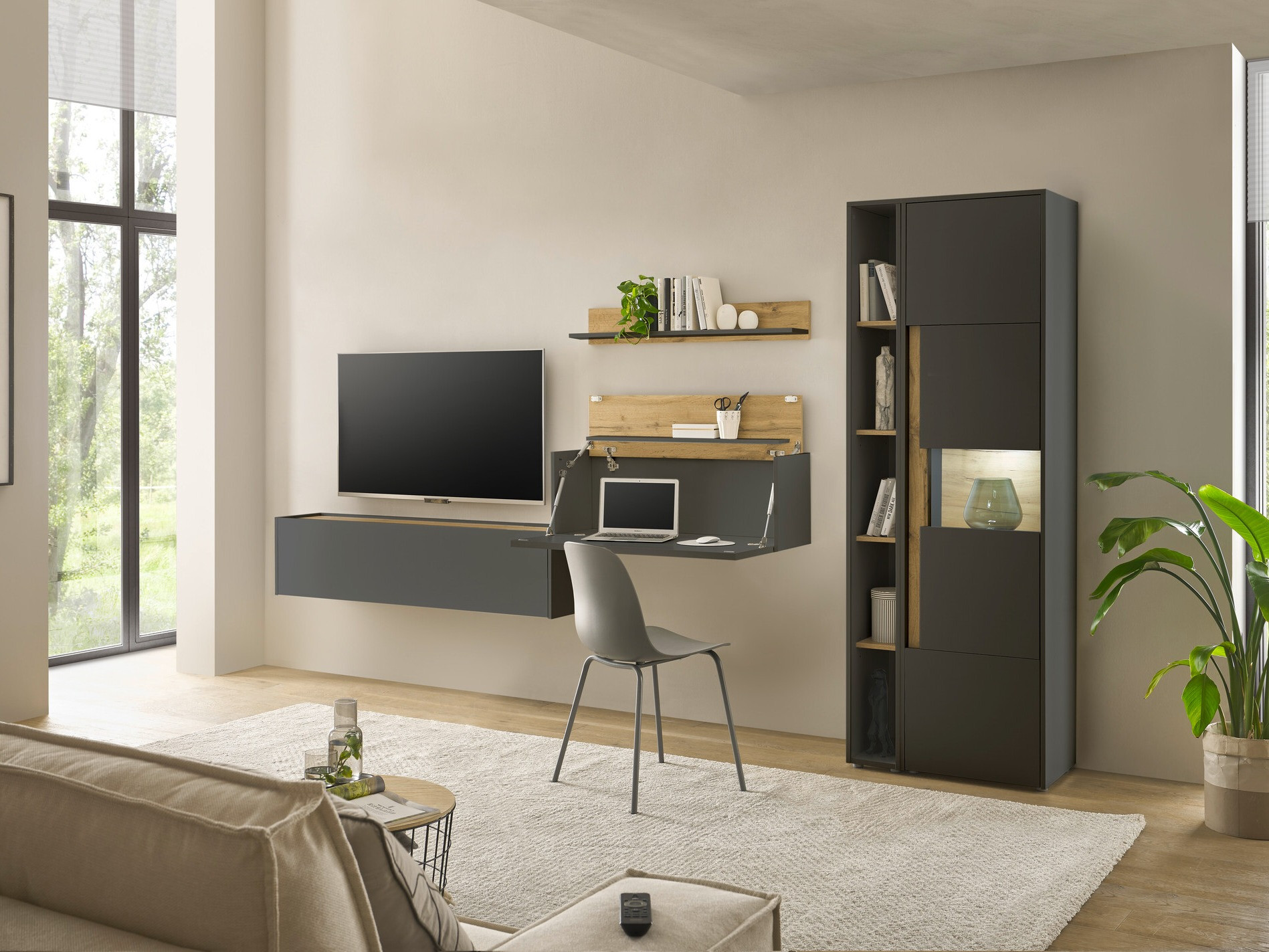 Wohnzimmer-Sets Elbsori 133 (Anthrazit + Wotan Eiche)