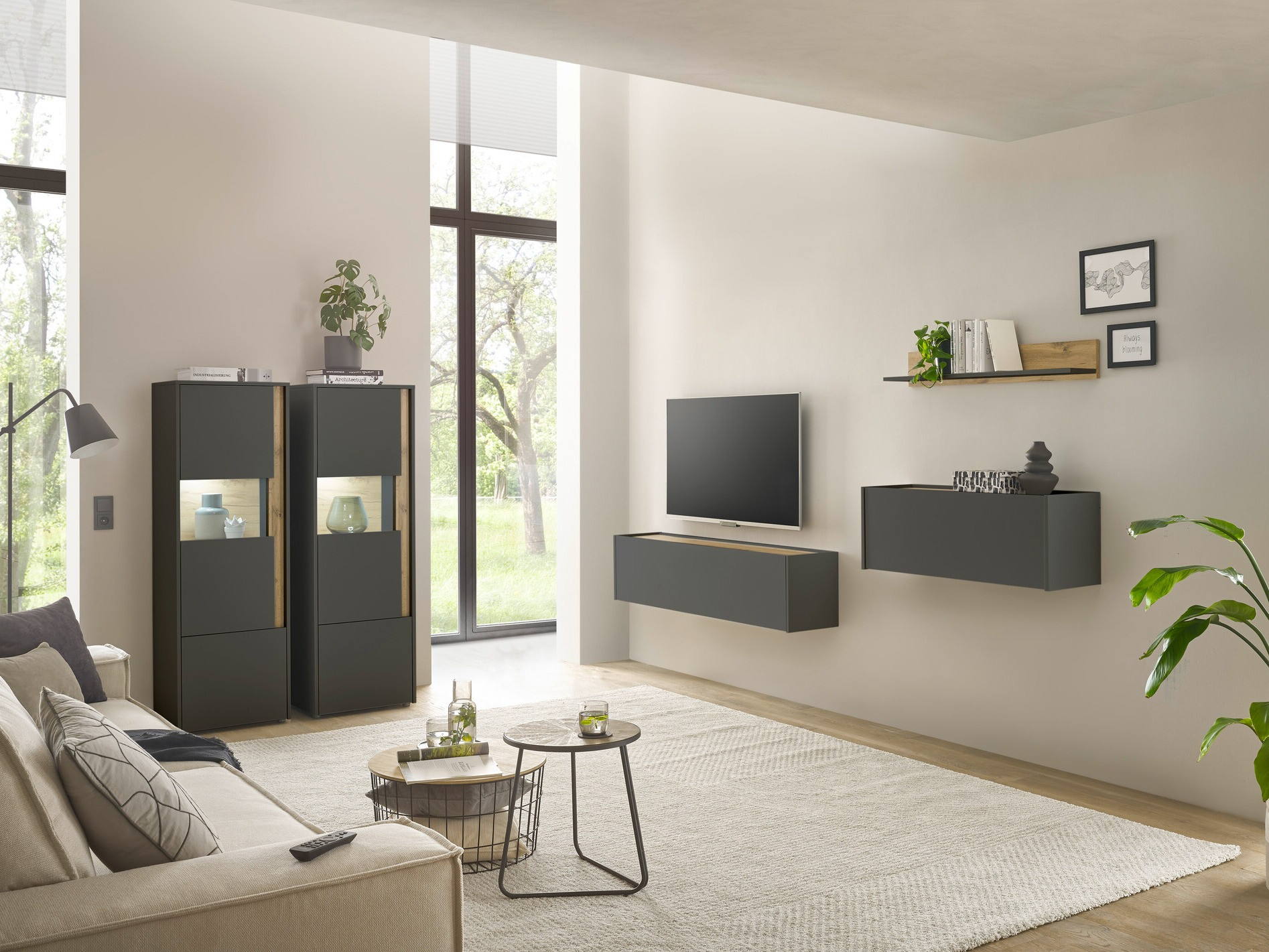 Wohnzimmer-Sets Elbsori 136 (Anthrazit + Wotan Eiche)