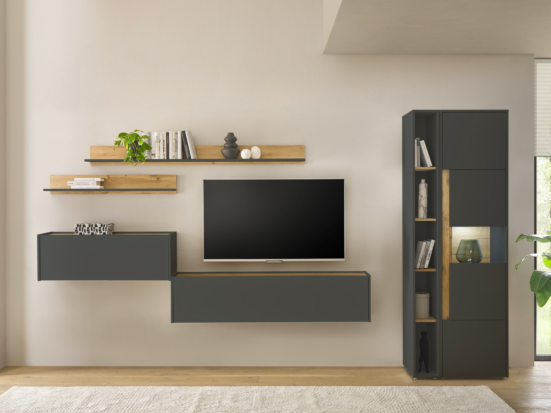 Wohnzimmer-Sets Elbsori 140 (Anthrazit + Wotan Eiche)