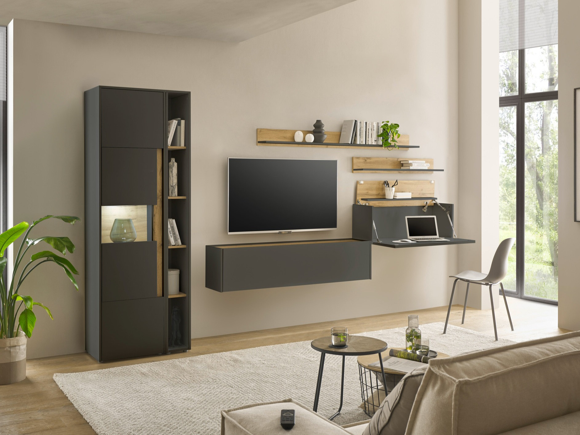 Wohnzimmer-Sets Elbsori 140 (Anthrazit + Wotan Eiche)