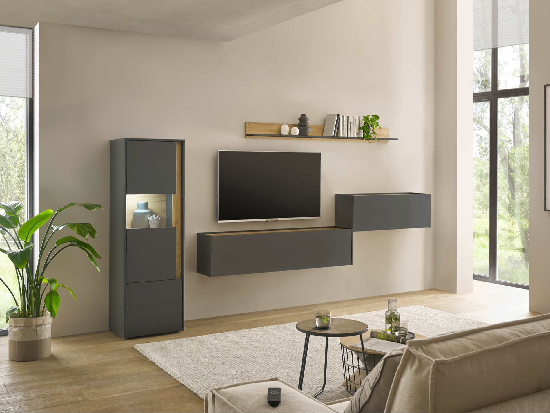 Wohnzimmer-Sets Elbsori 141 (Anthrazit + Wotan Eiche)