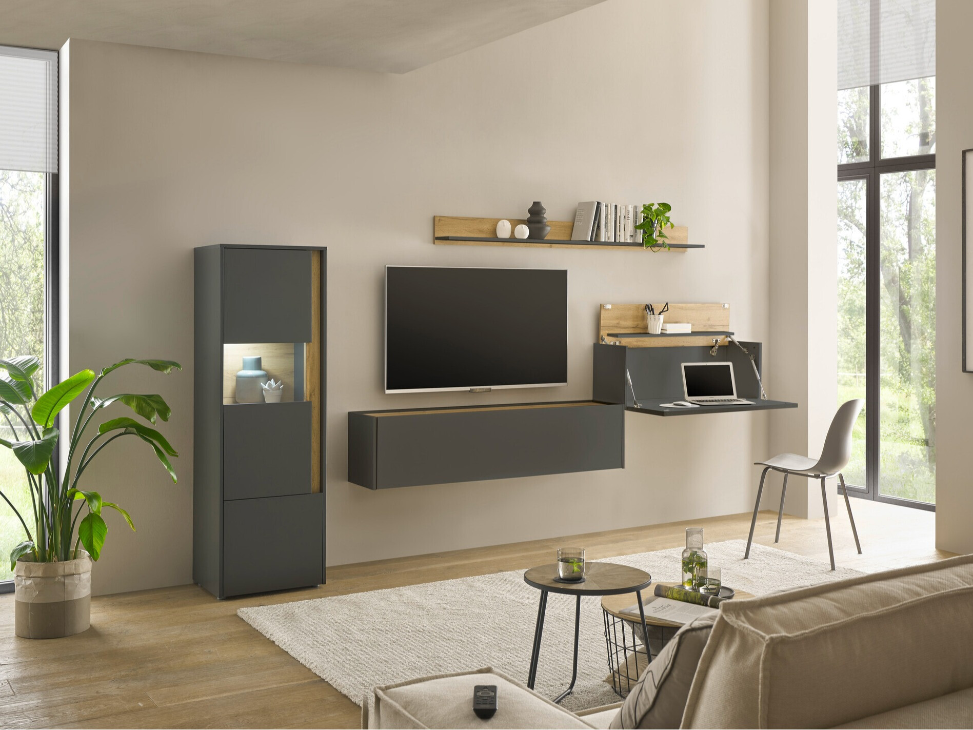 Wohnzimmer-Sets Elbsori 141 (Anthrazit + Wotan Eiche)