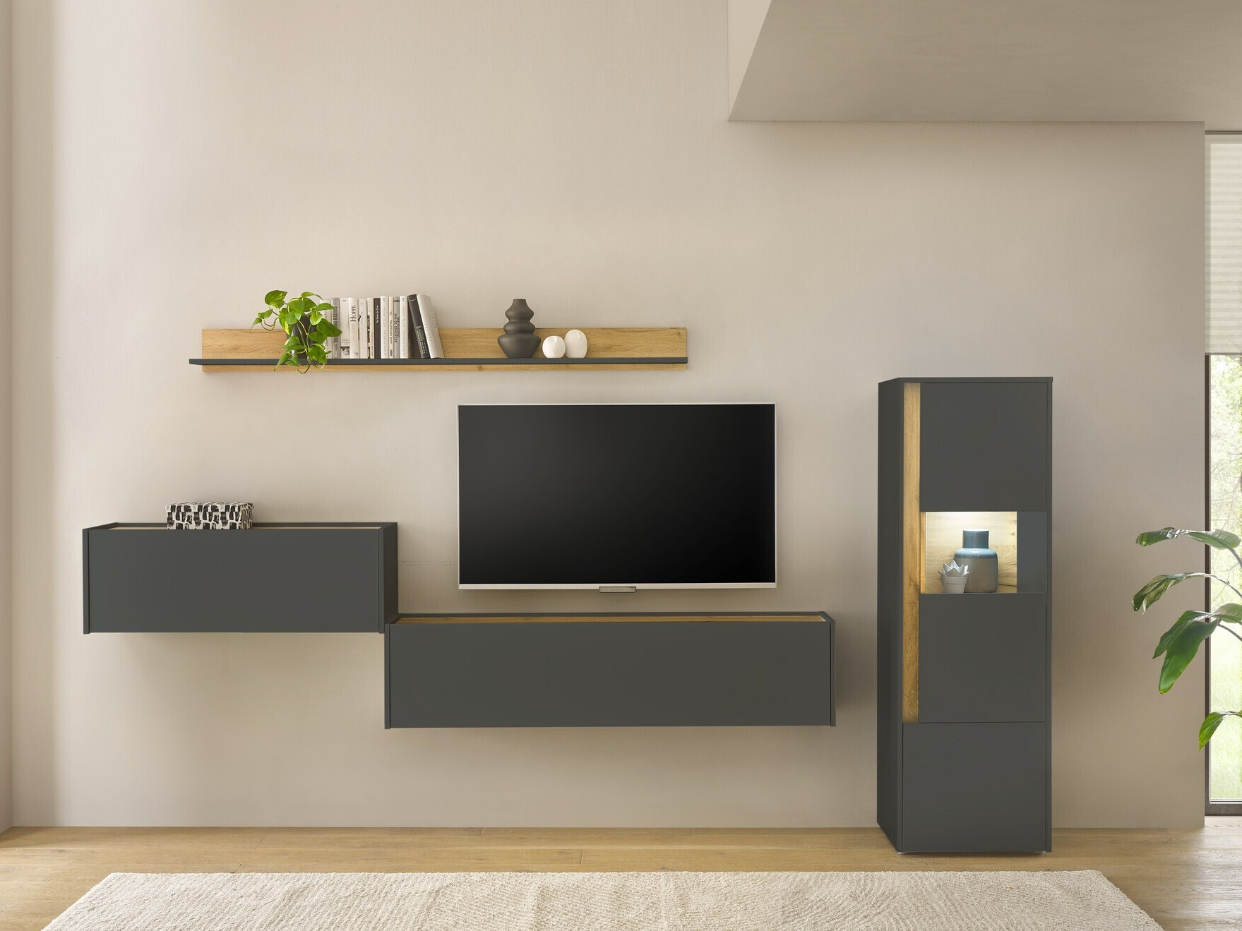 Wohnzimmer-Sets Elbsori 141 (Anthrazit + Wotan Eiche)