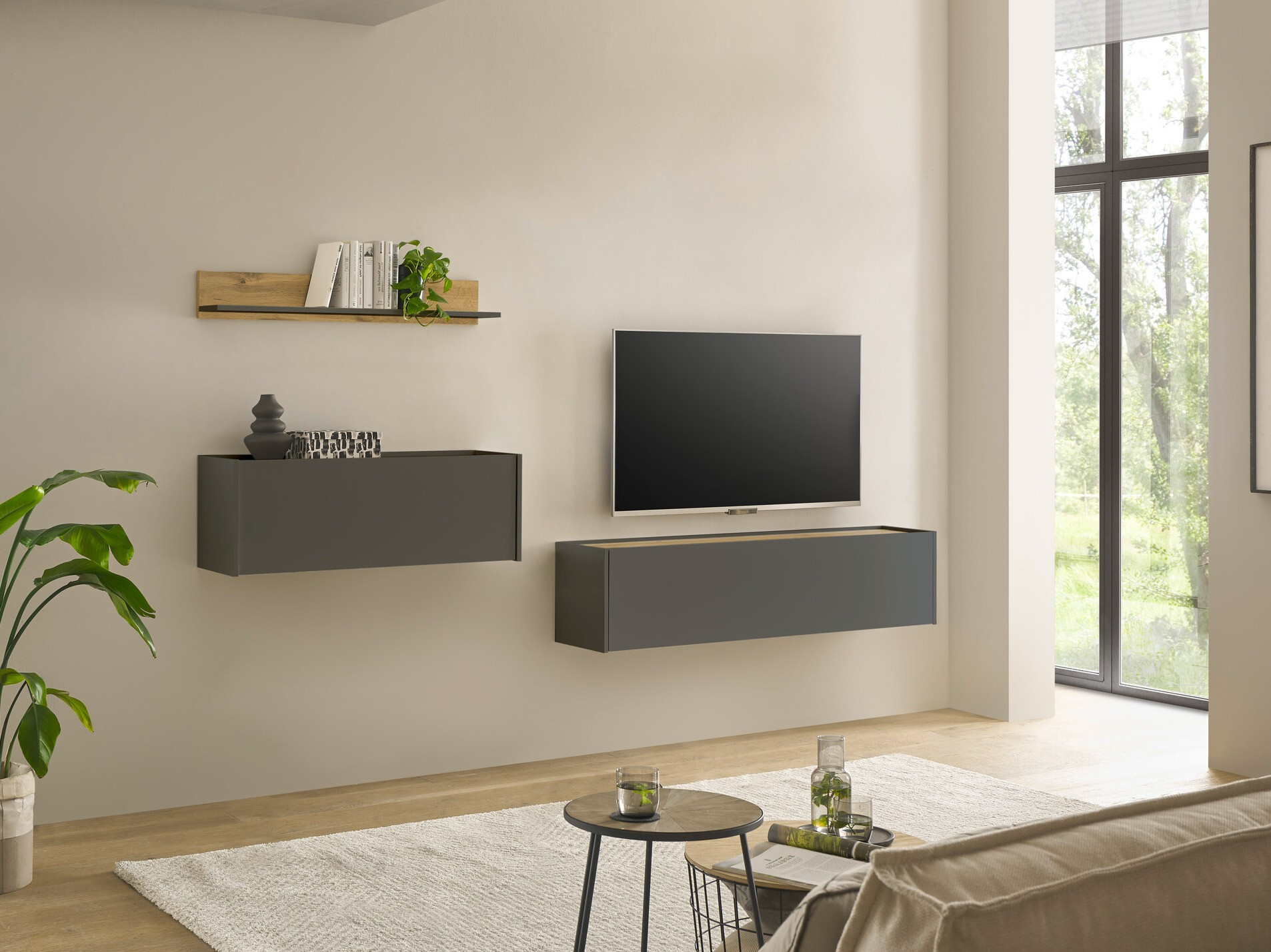 Wohnzimmer-Sets Elbsori 143 (Anthrazit + Wotan Eiche)