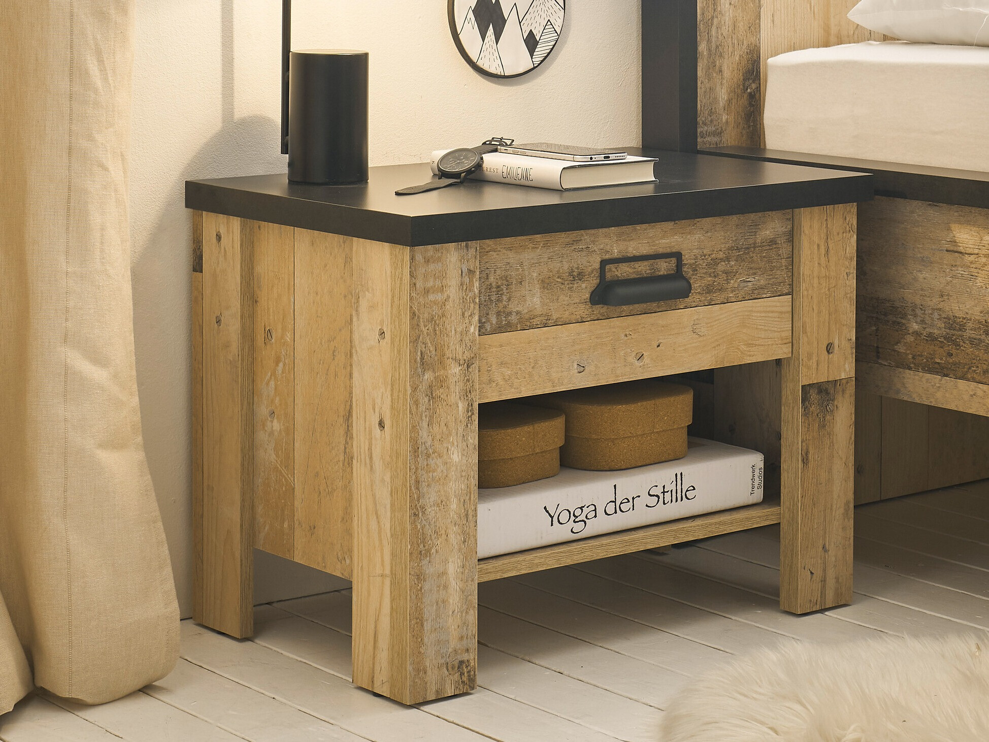 Nachttisch Cirtale 104 (Gealtertes Holz + Anthrazit)