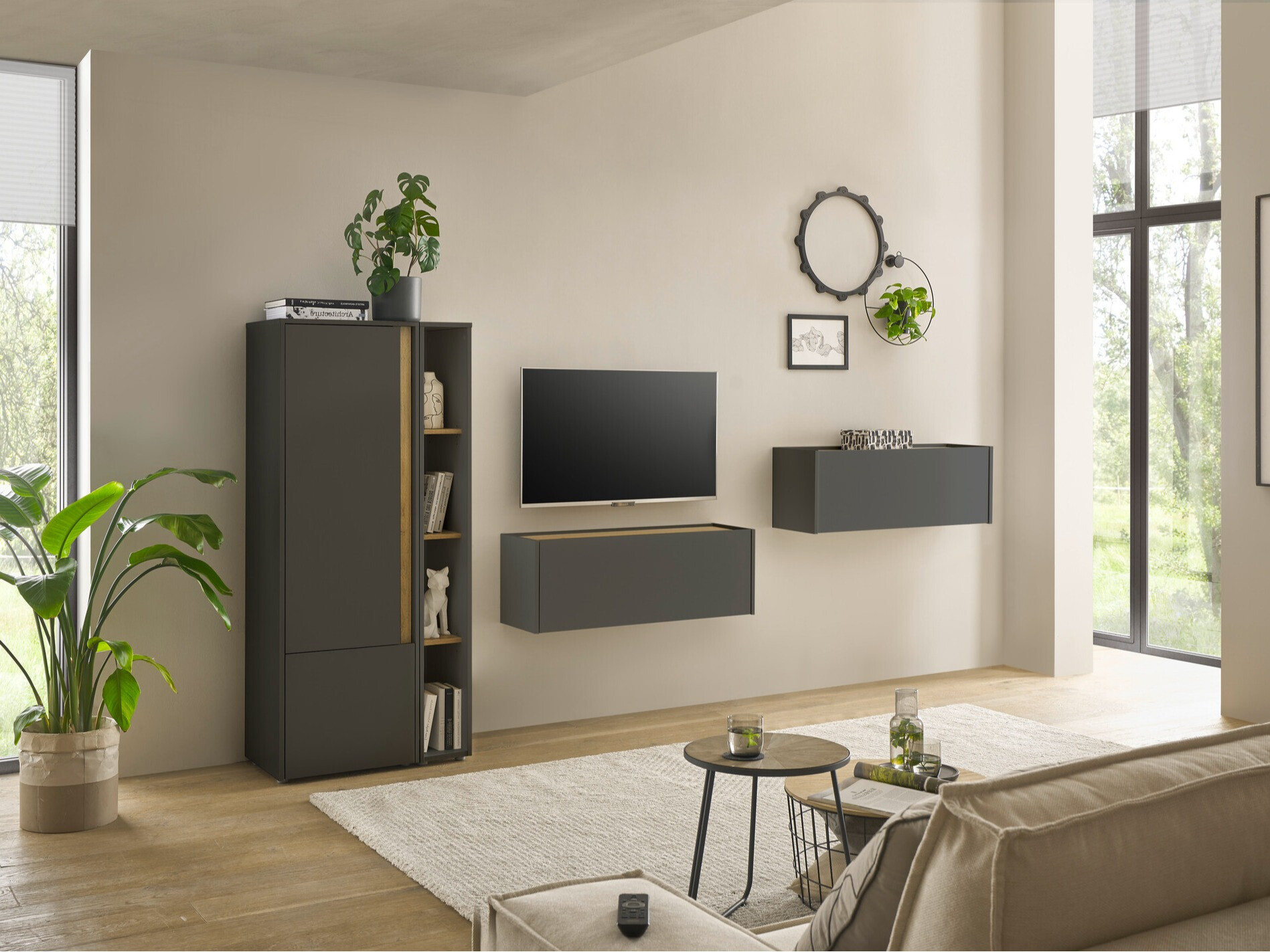 Wohnzimmer-Sets Elbsori 146 (Anthrazit + Wotan Eiche)