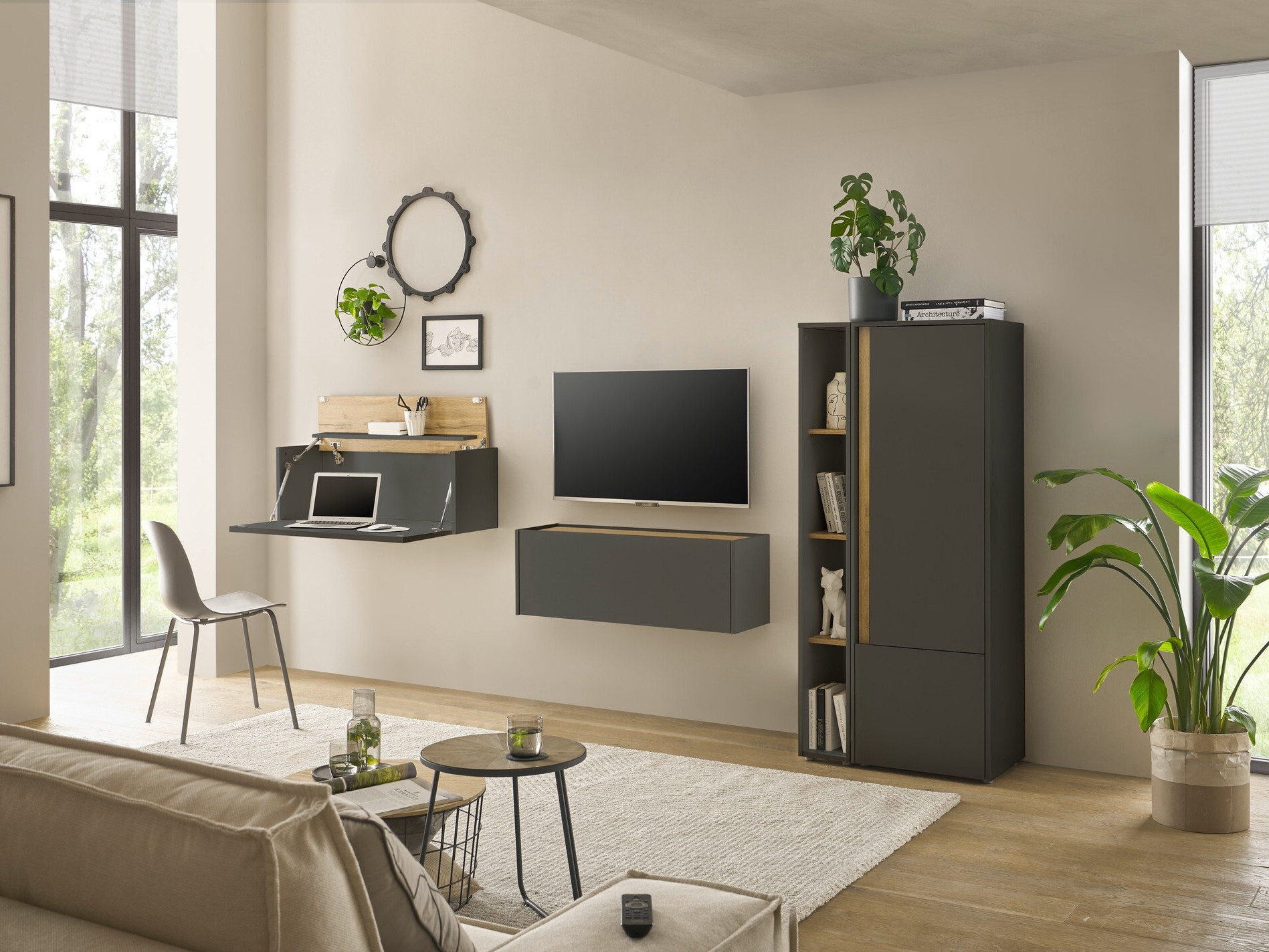 Wohnzimmer-Sets Elbsori 146 (Anthrazit + Wotan Eiche)