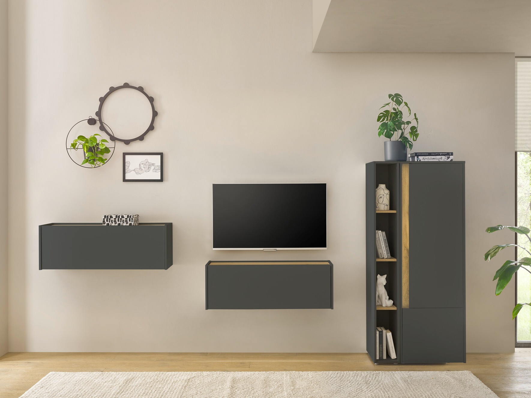 Wohnzimmer-Sets Elbsori 146 (Anthrazit + Wotan Eiche)