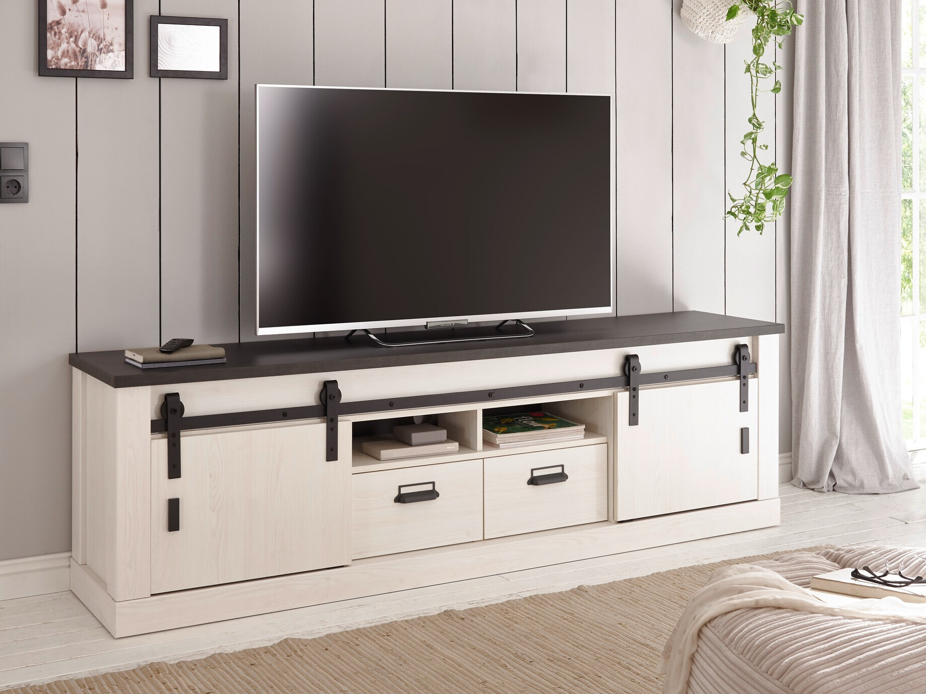 TV-Möbel Cirtale 113 (Anthrazit + Kiefernholzoptik gebleicht)