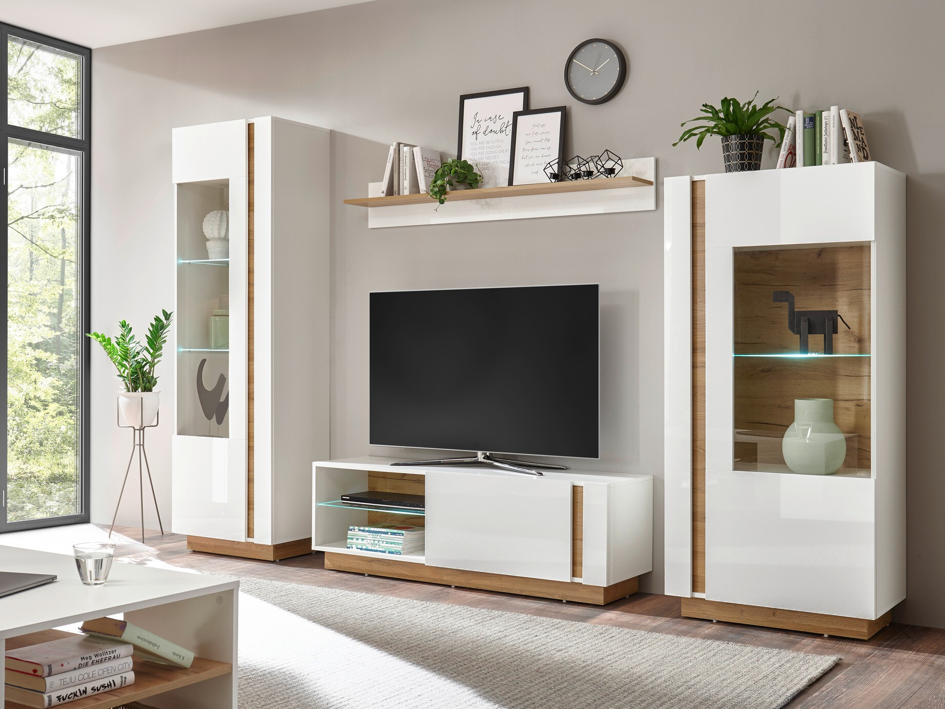 Wohnzimmer-Sets Veropho 110 (Weiß glänzend + Grandson Eichenholzoptik)