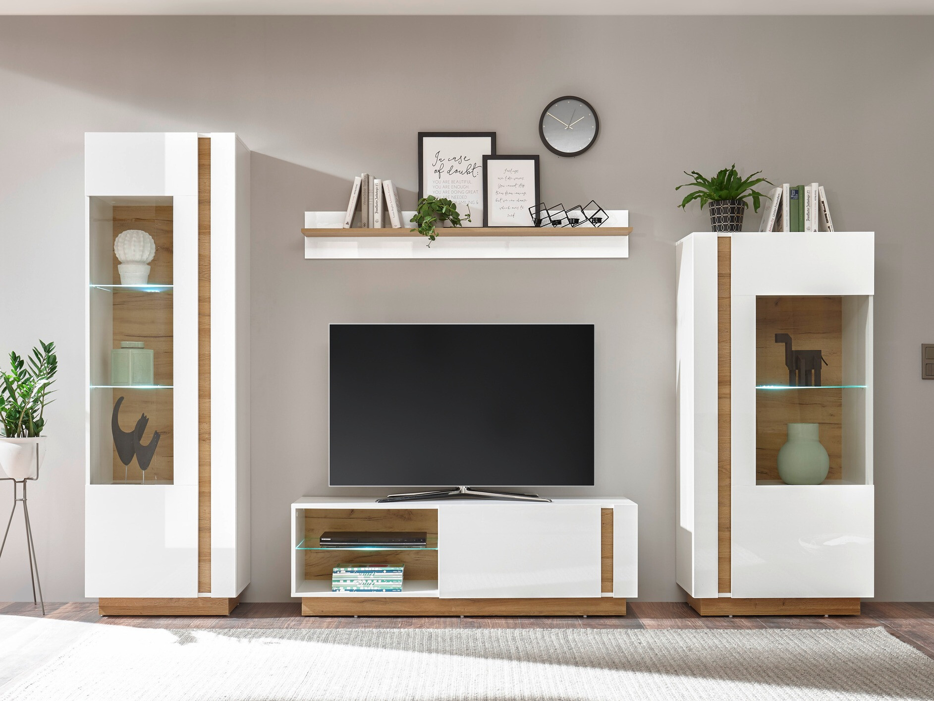 Wohnzimmer-Sets Veropho 110 (Weiß glänzend + Grandson Eichenholzoptik)