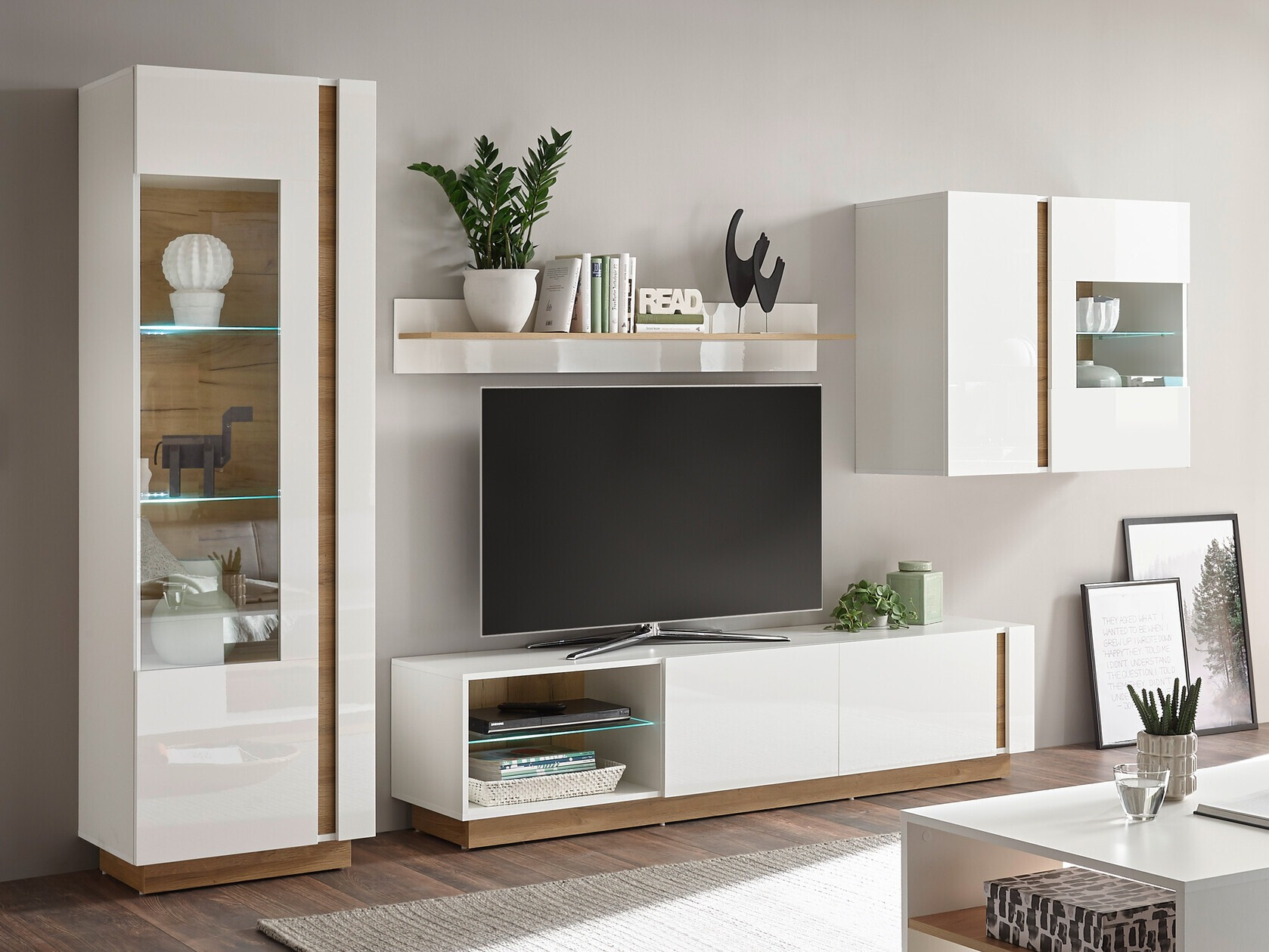 Wohnzimmer-Sets Veropho 113 (Weiß glänzend + Grandson Eichenholzoptik)