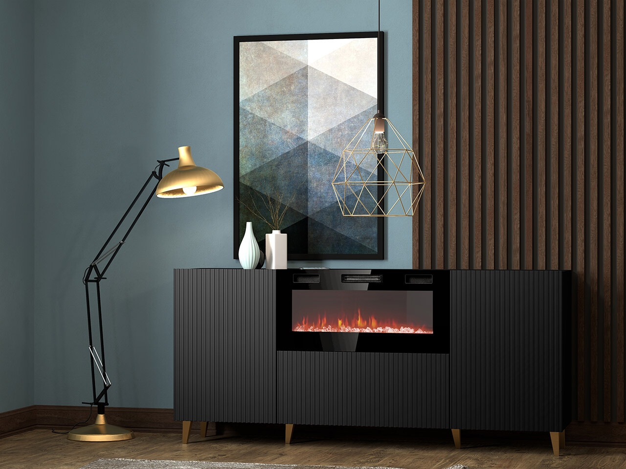 Sideboard Dicto I (Schwarz + Gold)