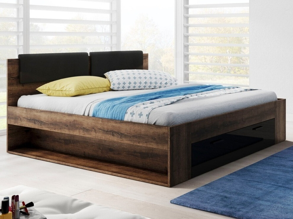 Bett Levruvu 106 (Monastery Eichenholzoptik + Schwarz glänzend)