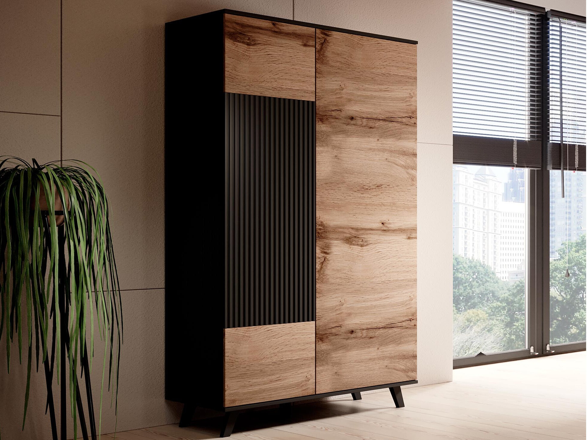 Kleiderschrank Luelia 113 (Schwarz + Wotan Eiche)