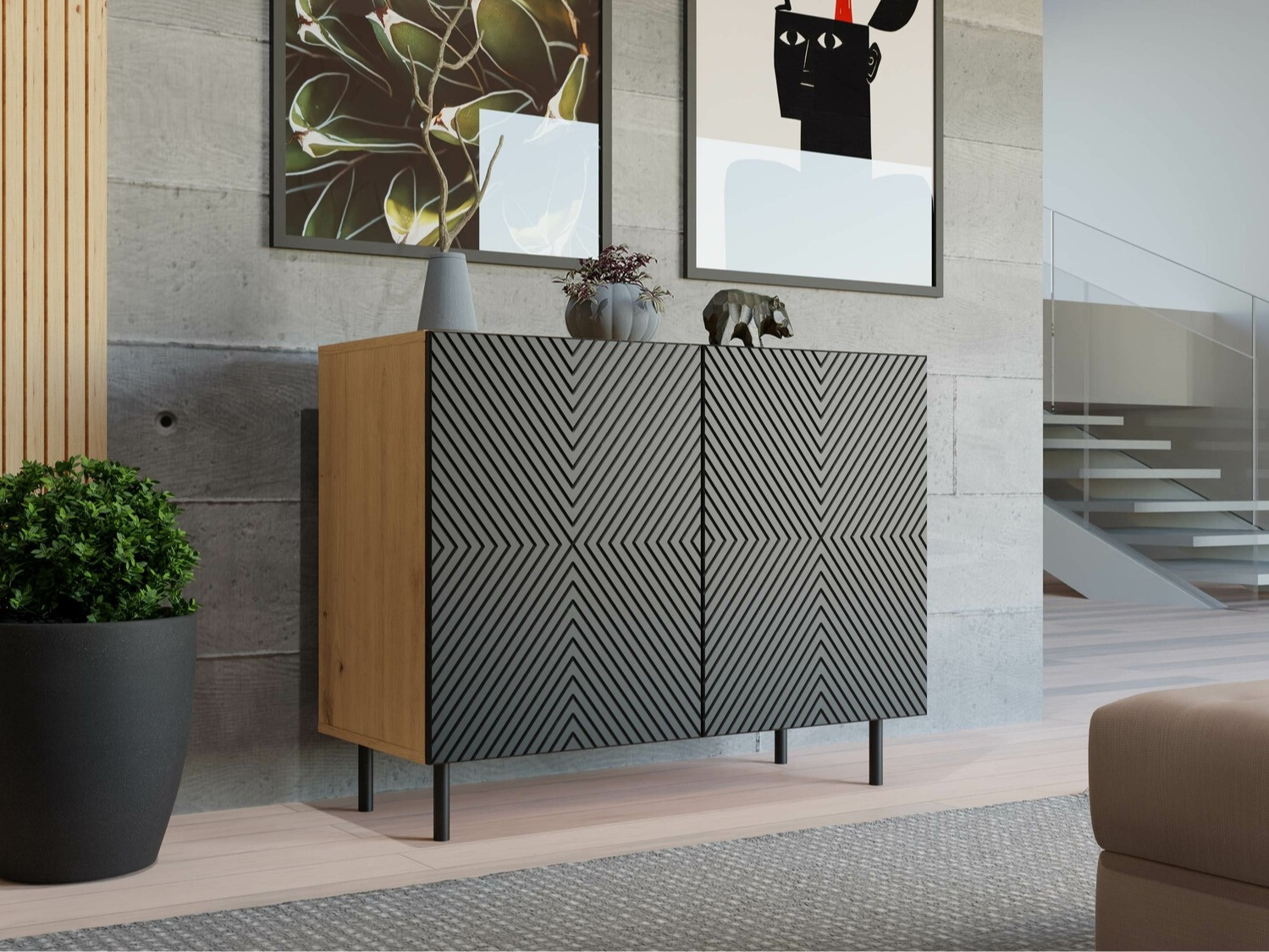 Sideboard Romseru 101 (Schwarz + Artisan Eichenholzoptik)