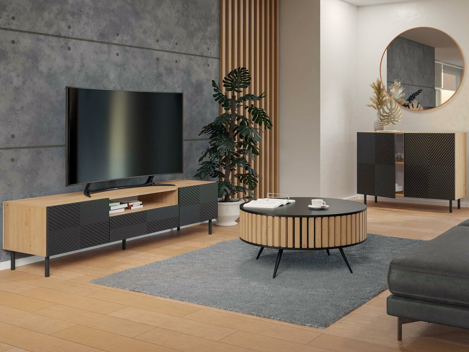 Sideboard Romseru 101 (Schwarz + Artisan Eichenholzoptik)