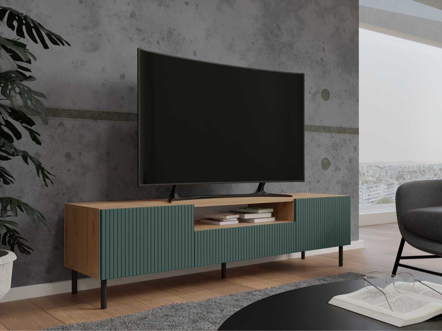 TV-Möbel Romseru 105 (Grün + Artisan Eichenholzoptik)