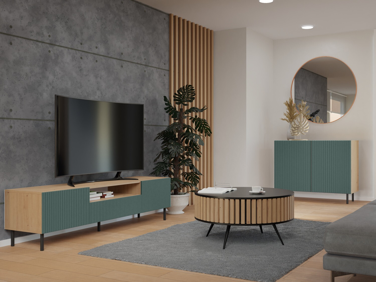 TV-Möbel Romseru 105 (Grün + Artisan Eichenholzoptik)