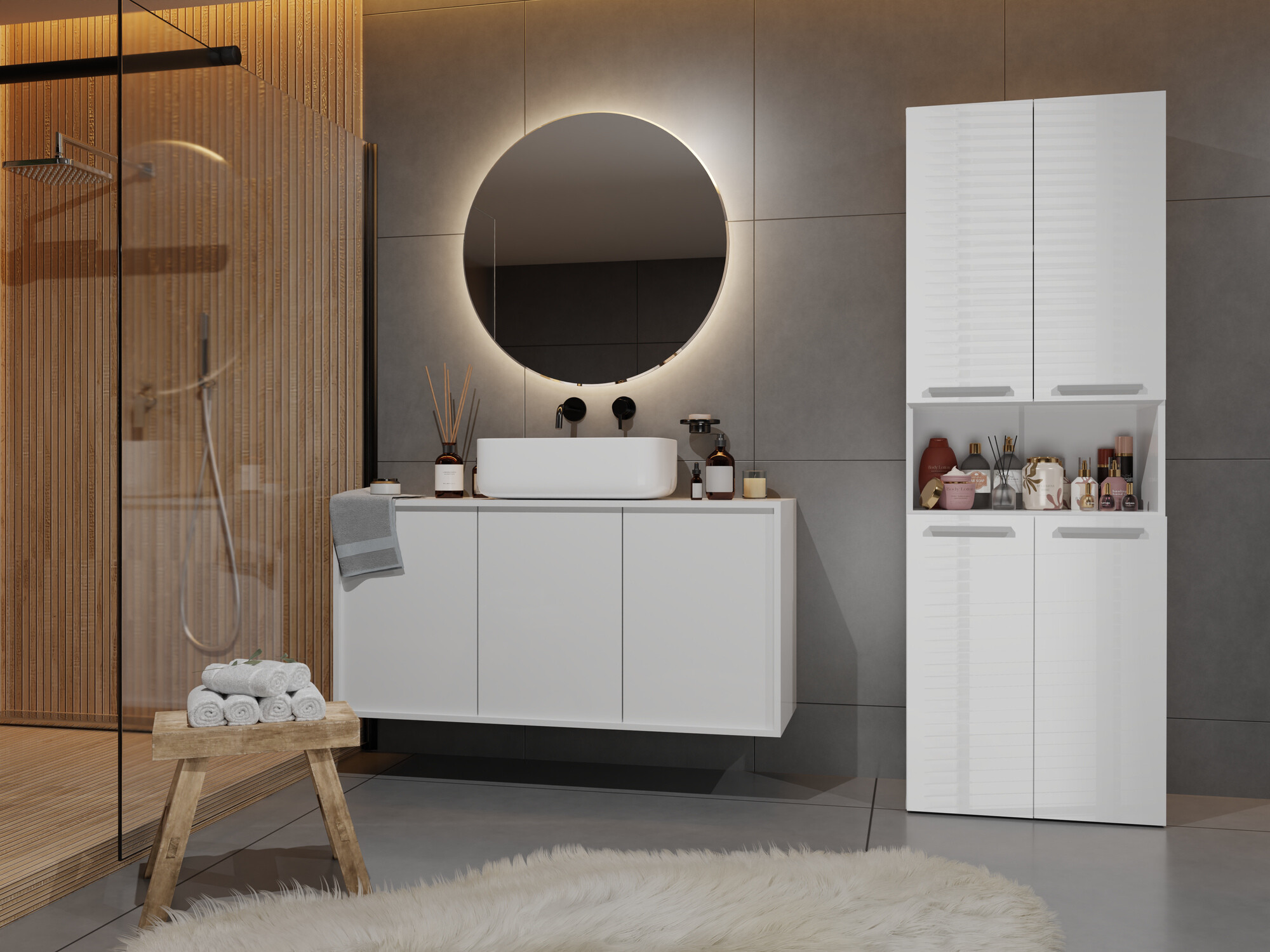 Stehender Badezimmerschrank Nolmaru 101 (Weiß + Weiß glänzend)