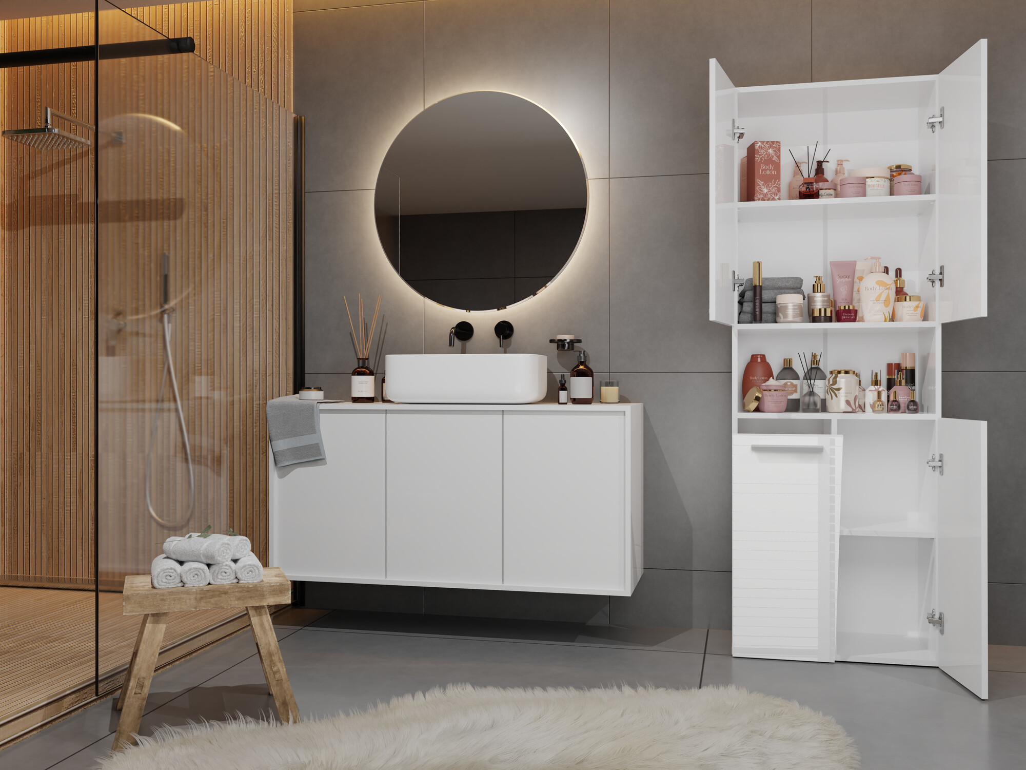 Stehender Badezimmerschrank Nolmaru 101 (Weiß + Weiß glänzend)