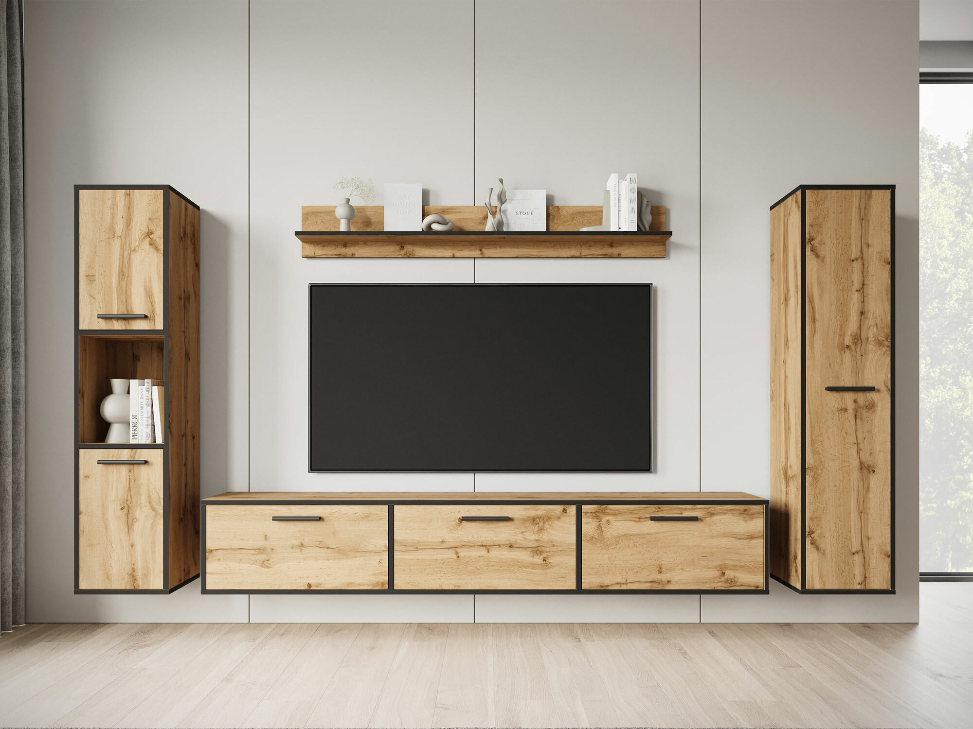 Wohnzimmer-Sets Sarasota 175 (Schwarz + Wotan Eiche)