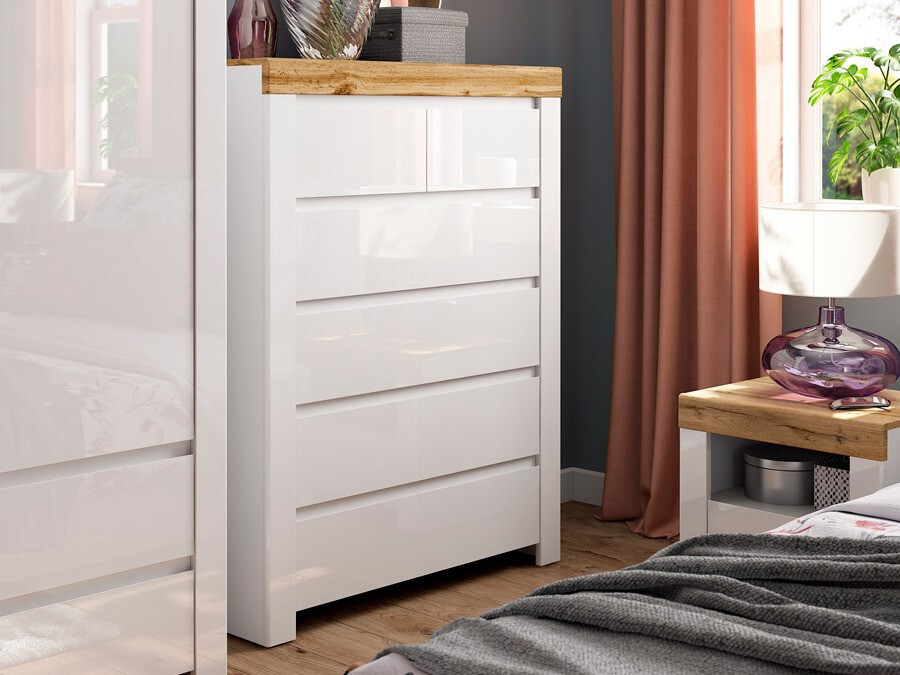 Kommoden Sonsoru 114 (Weiß + Weiß glänzend + Wotan Eiche)