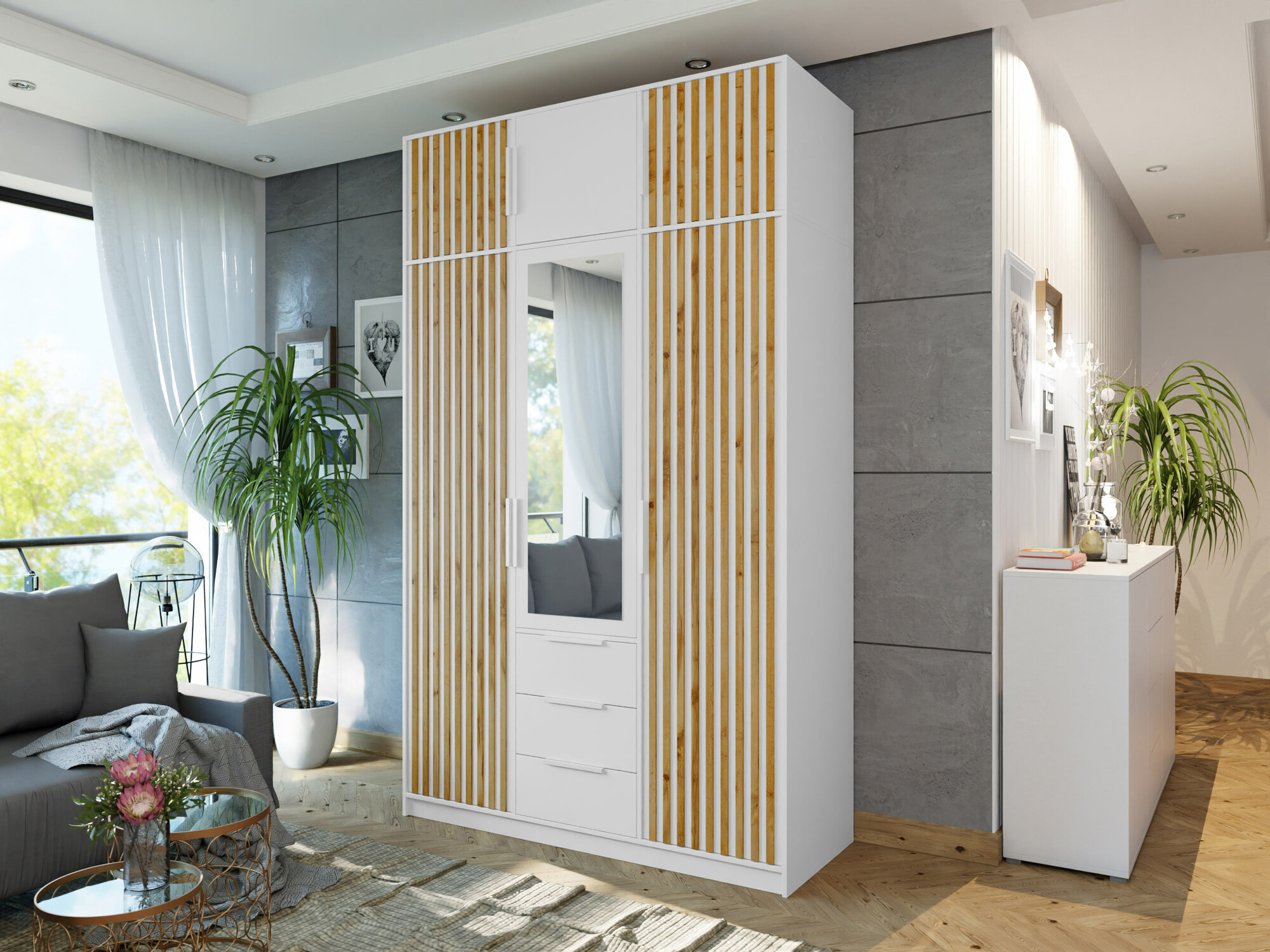 Kleiderschrank Collis I (Weiß + Wotan Eiche)