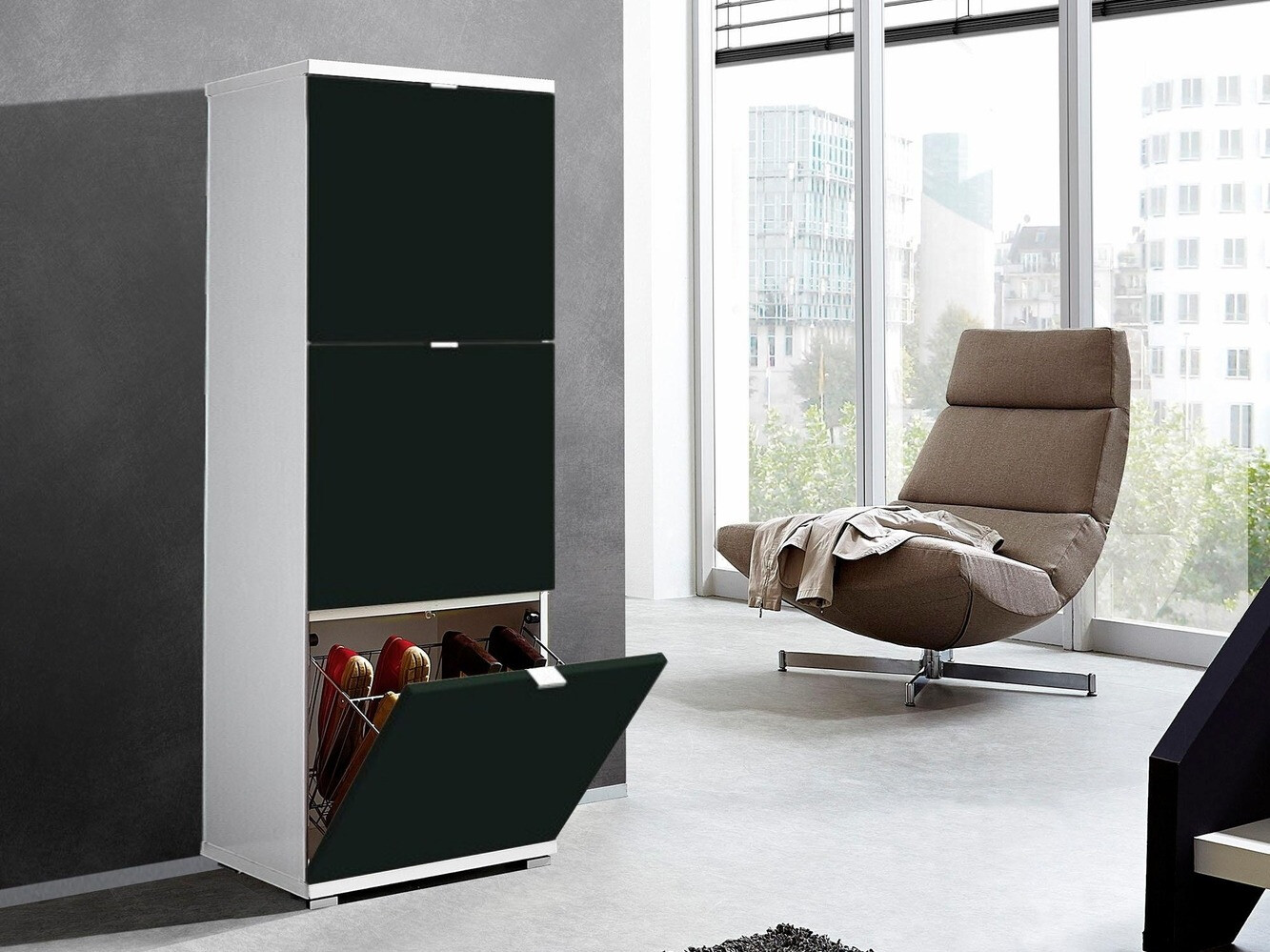 Schuhschrank Veltena 106 (Weiß glänzend + Schwarz)