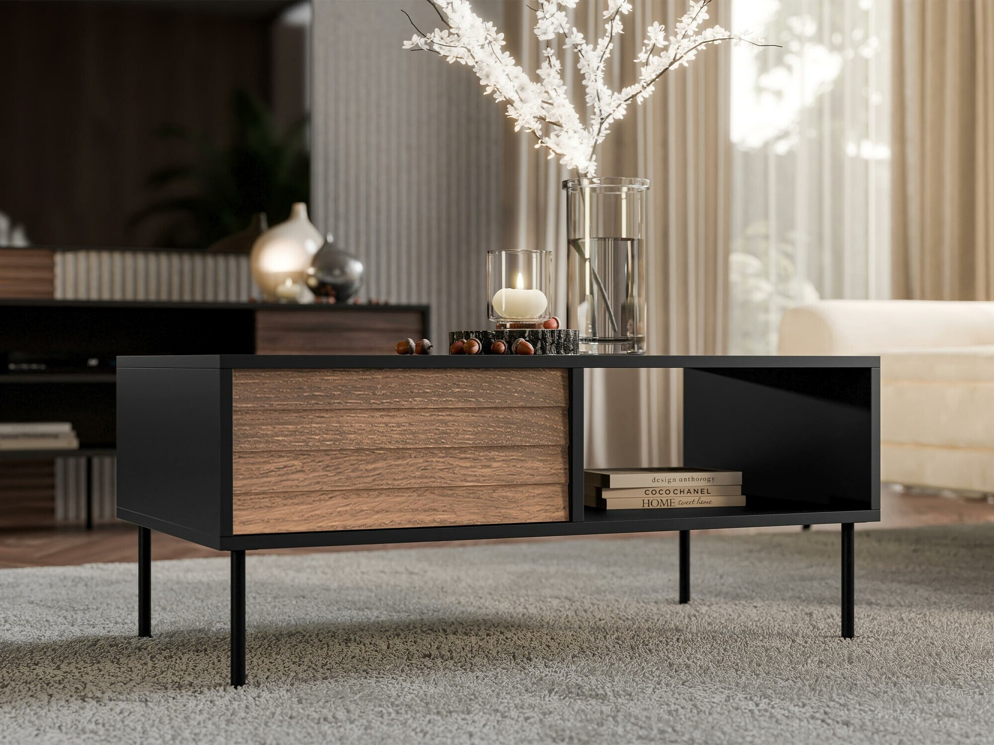 Couchtisch Flosoru 103 (Walnussholzoptik + Schwarz)