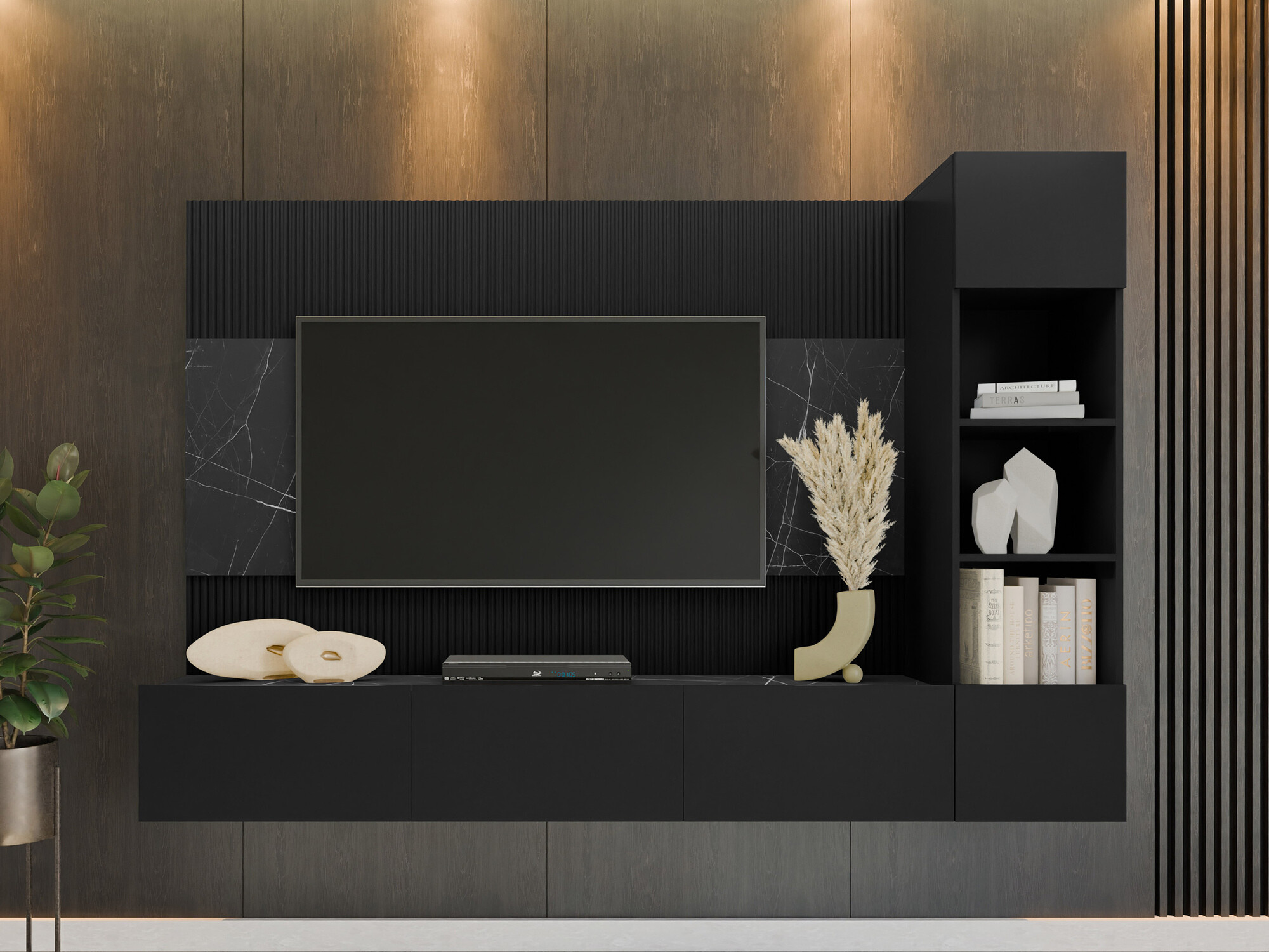 Wohnzimmer-Sets Comfivo Salix II (Schwarz + Schwarzer Marmor)