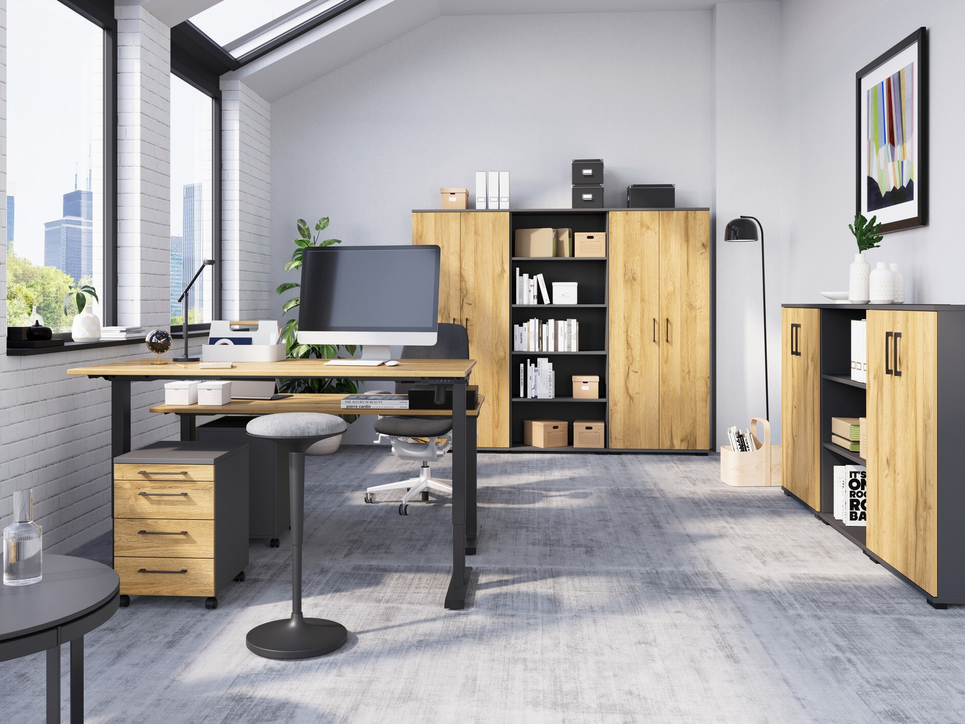 Höhenverstellbarer Schreibtisch Lartesi 115 (Grandson Eichenholzoptik + Schwarz)