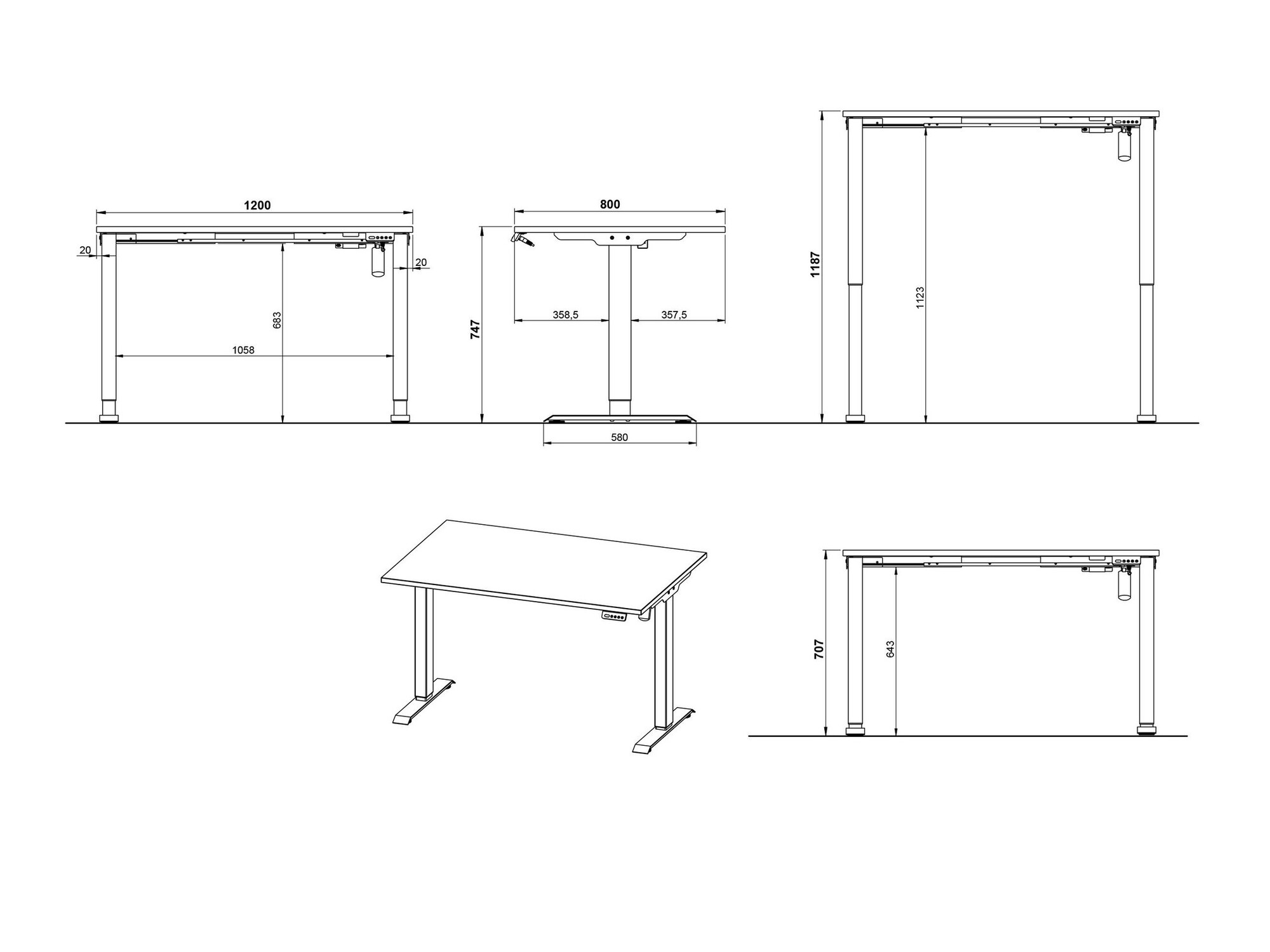 Höhenverstellbarer Schreibtisch Lartesi 115 (Weiß + Schwarz)