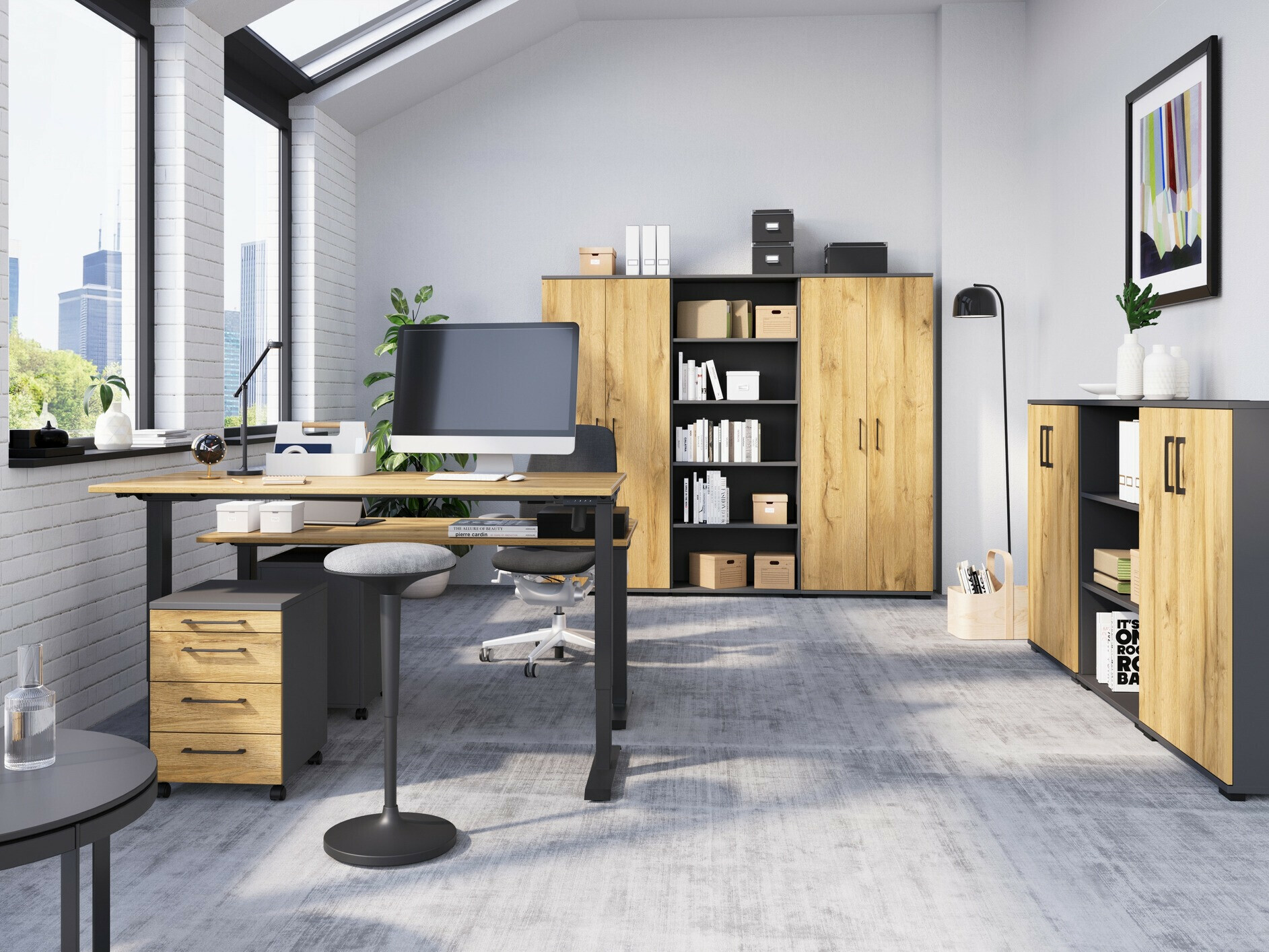 Höhenverstellbarer Schreibtisch Lartesi 116 (Grandson Eichenholzoptik + Schwarz)