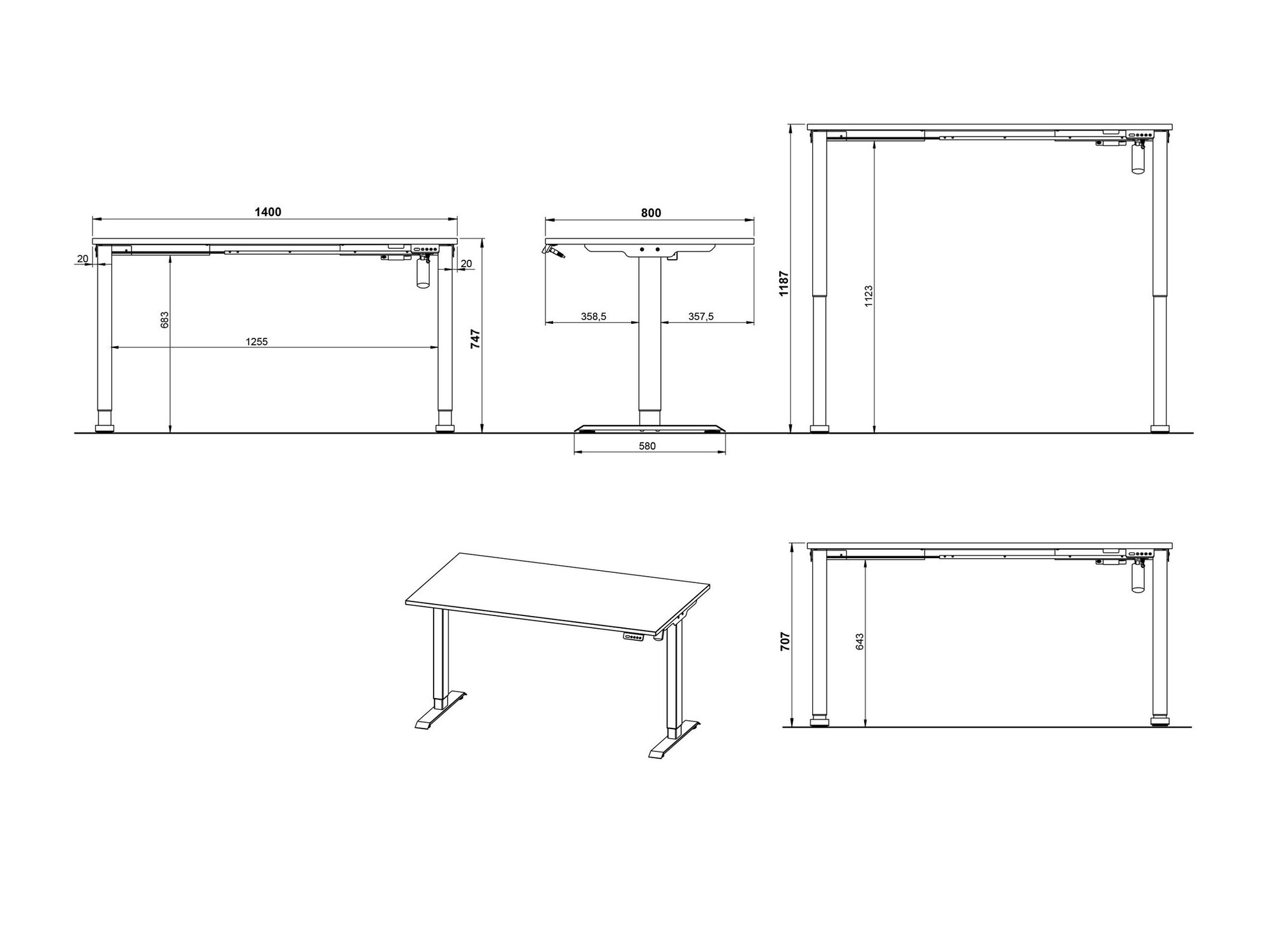 Höhenverstellbarer Schreibtisch Lartesi 116 (Hellgrau + Schwarz)