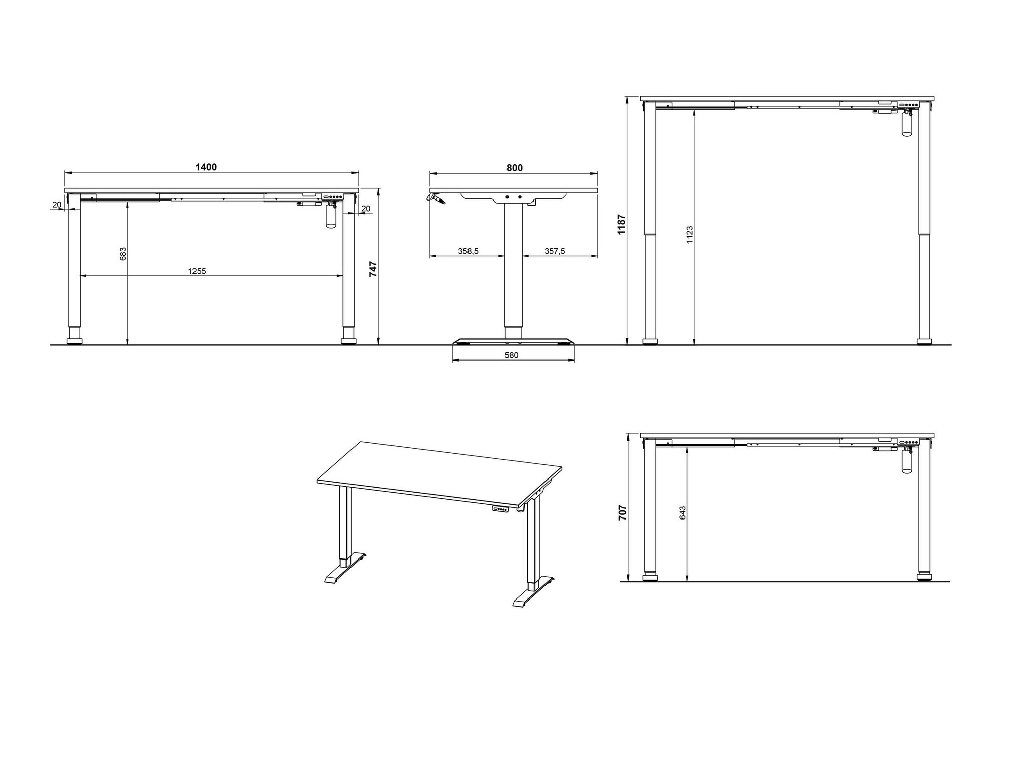 Höhenverstellbarer Schreibtisch Lartesi 117 (Weiß + Schwarz)