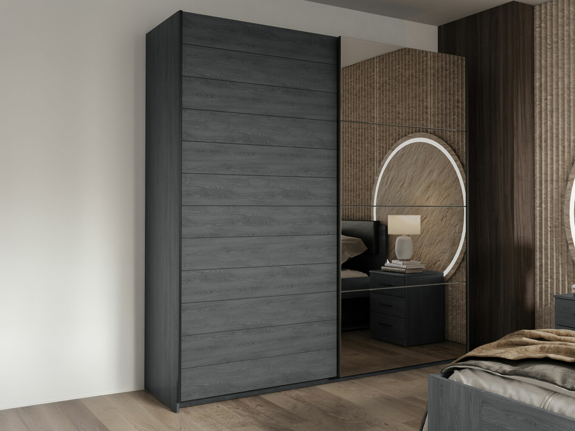 Kleiderschrank Levruvu 105 (Eichenholzoptik Grau + Schwarz)