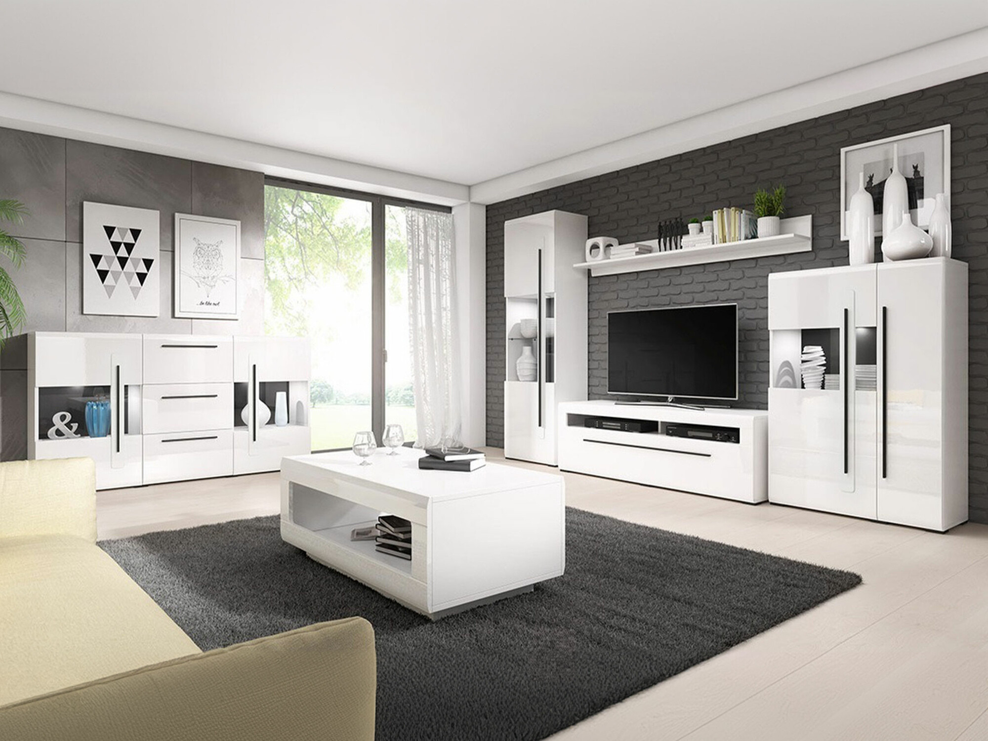 Wohnzimmer-Sets Ophsalu 112 (Weiß + Weiß glänzend)