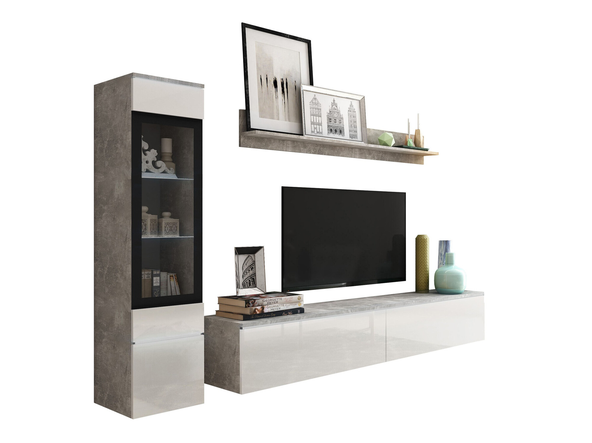 Wohnzimmer-Sets Mirfivo 100 (Beton + Weiß glänzend)