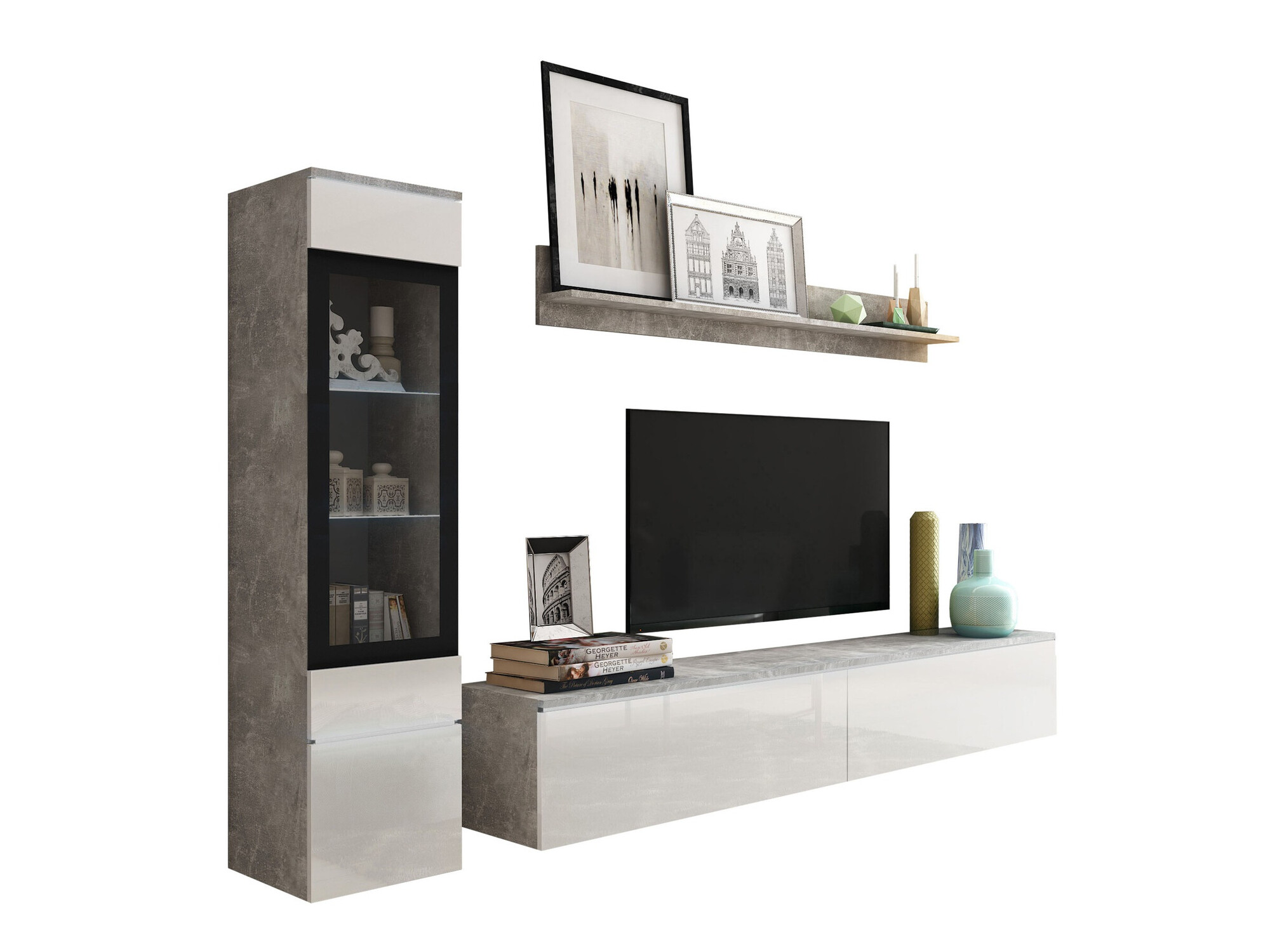Wohnzimmer-Sets Mirfivo 100 (Beton + Weiß glänzend)