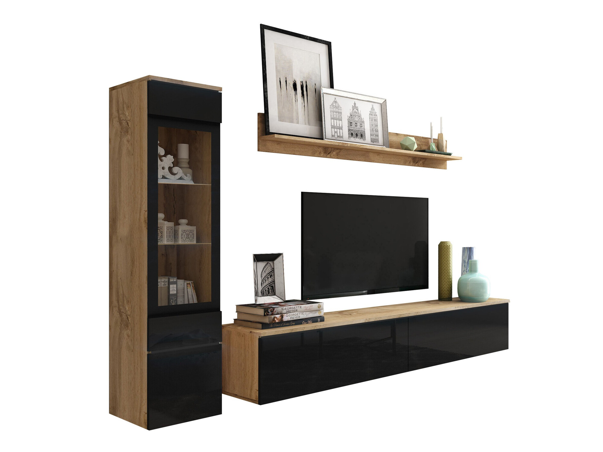 Wohnzimmer-Sets Mirfivo 100 (Wotan Eiche + Schwarz glänzend)
