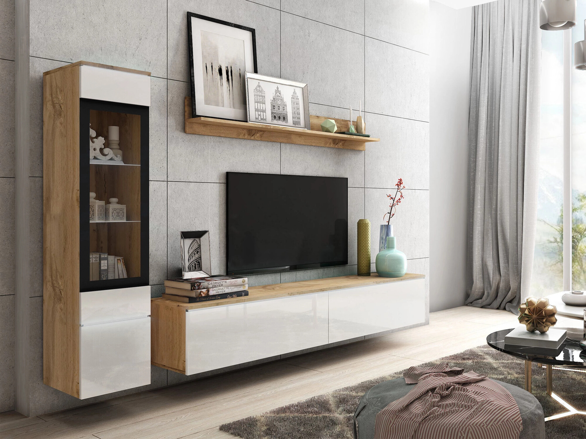 Wohnzimmer-Sets Mirfivo 100 (Wotan Eiche + Weiß glänzend)